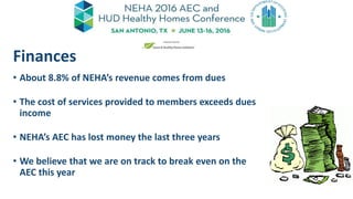 • About 8.8% of NEHA’s revenue comes from dues
• The cost of services provided to members exceeds dues
income
• NEHA’s AEC...