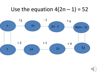 Use the equation 4(2n – 1) = 52
       *2        -1            *4
n           2n        2n - 1        4(2n – 1)



      ÷2         +1            ÷4
                         13             52
7           14
 