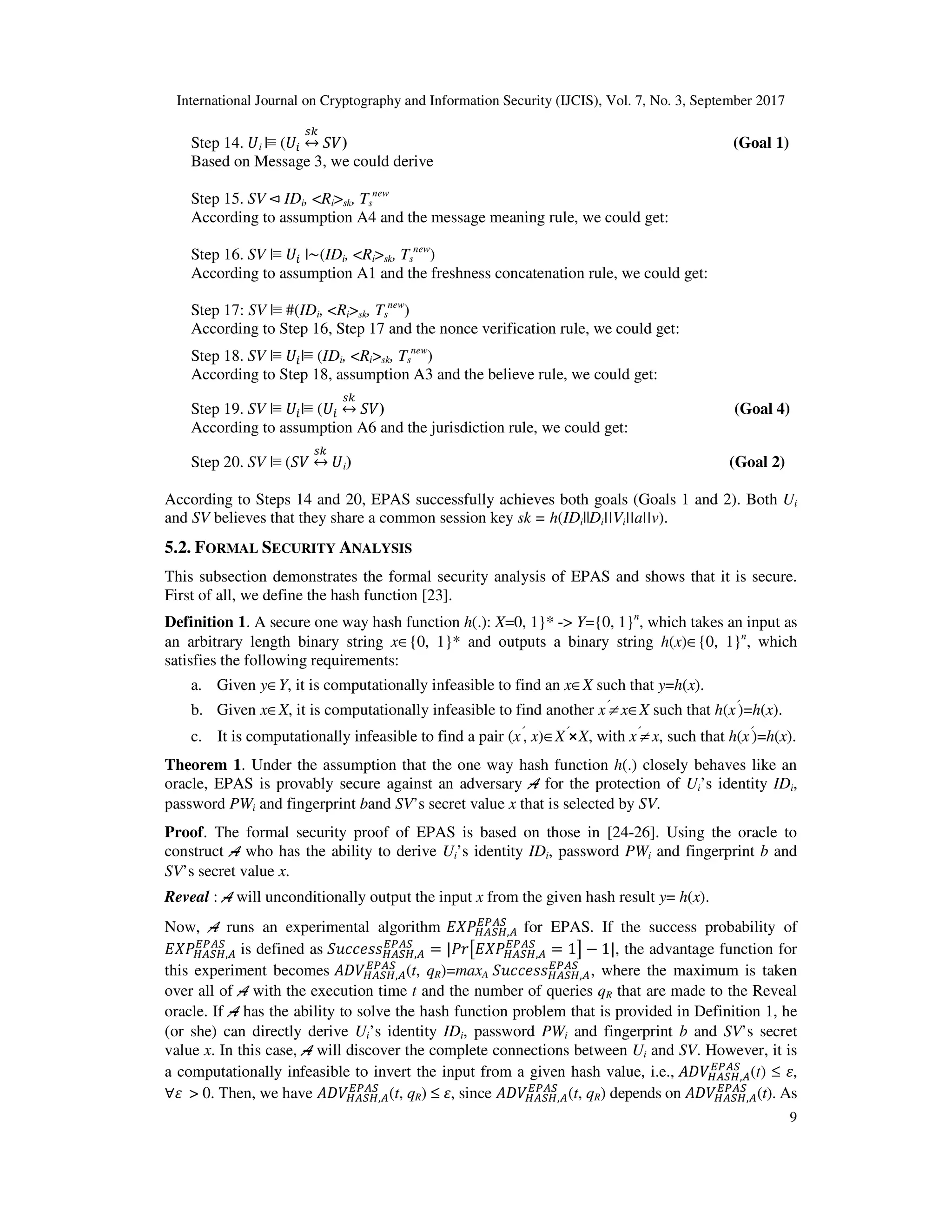 International Journal on Cryptography and Information Security (IJCIS), Vol. 7, No. 3, September 2017
9
Step 14. i |≡	( ↔ ) (Goal 1)
Based on Message 3, we could derive
Step 15. SV	⊲	IDi, <Ri>sk, Ts
new
According to assumption A4 and the message meaning rule, we could get:
Step 16. SV |≡ |~(IDi, <Ri>sk, Ts
new
)
According to assumption A1 and the freshness concatenation rule, we could get:
Step 17: SV |≡ #(IDi, <Ri>sk, Ts
new
)
According to Step 16, Step 17 and the nonce verification rule, we could get:
Step 18. SV |≡ |≡ (IDi, <Ri>sk, Ts
new
)
According to Step 18, assumption A3 and the believe rule, we could get:
Step 19. SV |≡ |≡ ( ↔ ) (Goal 4)
According to assumption A6 and the jurisdiction rule, we could get:
Step 20. SV |≡	( ↔ i) (Goal 2)
According to Steps 14 and 20, EPAS successfully achieves both goals (Goals 1 and 2). Both Ui
and SV believes that they share a common session key sk = h(IDi||Di||Vi||a||v).
5.2. FORMAL SECURITY ANALYSIS
This subsection demonstrates the formal security analysis of EPAS and shows that it is secure.
First of all, we define the hash function [23].
Definition 1. A secure one way hash function h(.): X=0, 1}* -> Y={0, 1}n
, which takes an input as
an arbitrary length binary string x∈{0, 1}* and outputs a binary string h(x)∈{0, 1}n
, which
satisfies the following requirements:
a. Given y∈Y, it is computationally infeasible to find an x∈X such that y=h(x).
b. Given x∈X, it is computationally infeasible to find another x′
≠ x∈X such that h(x′
)=h(x).
c. It is computationally infeasible to find a pair (x′
, x)∈X′
⨯X, with x′
≠ x, such that h(x′
)=h(x).
Theorem 1. Under the assumption that the one way hash function h(.) closely behaves like an
oracle, EPAS is provably secure against an adversary A for the protection of Ui’s identity IDi,
password PWi and fingerprint band SV’s secret value x that is selected by SV.
Proof. The formal security proof of EPAS is based on those in [24-26]. Using the oracle to
construct A who has the ability to derive Ui’s identity IDi, password PWi and fingerprint b and
SV’s secret value x.
Reveal : A will unconditionally output the input x from the given hash result y= h(x).
Now, A runs an experimental algorithm !"#!,"
%&"#
for EPAS. If the success probability of
!"#!,"
%&"#
is defined as '(()**!"#!,"
%&"#
= | ,- !"#!,"
%&"#
= 1/ − 1|, the advantage function for
this experiment becomes 12 !"#!,"
%&"#
(t, qR)=maxA '(()**!"#!,"
%&"#
, where the maximum is taken
over all of A with the execution time t and the number of queries qR that are made to the Reveal
oracle. If A has the ability to solve the hash function problem that is provided in Definition 1, he
(or she) can directly derive Ui’s identity IDi, password PWi and fingerprint b and SV’s secret
value x. In this case, A will discover the complete connections between Ui and SV. However, it is
a computationally infeasible to invert the input from a given hash value, i.e., 12 !"#!,"
%&"#
(t) ≤ 3,
∀3	 > 0. Then, we have 12 !"#!,"
%&"#
(t, qR) ≤ 3, since 12 !"#!,"
%&"#
(t, qR) depends on 12 !"#!,"
%&"#
(t). As
 