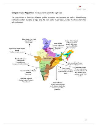 Glimpse of Land Acquisition: The successful-optimistic- ugly side
The acquisition of land for different public purposes has become not only a blood-letting
political question but also a legal one. To elicit some major cases, below mentioned are few
relevant cases.
17
 