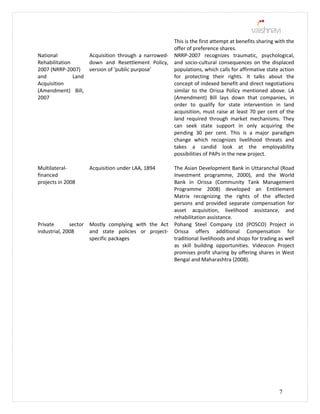 This is the first attempt at benefits sharing with the
offer of preference shares.
National
Rehabilitation
2007 (NRRP-2007)
and Land
Acquisition
(Amendment) Bill,
2007
Acquisition through a narrowed-
down and Resettlement Policy,
version of ‘public purpose’
NRRP-2007 recognizes traumatic, psychological,
and socio-cultural consequences on the displaced
populations, which calls for affirmative state action
for protecting their rights. It talks about the
concept of indexed benefit and direct negotiations
similar to the Orissa Policy mentioned above. LA
(Amendment) Bill lays down that companies, in
order to qualify for state intervention in land
acquisition, must raise at least 70 per cent of the
land required through market mechanisms. They
can seek state support in only acquiring the
pending 30 per cent. This is a major paradigm
change which recognizes livelihood threats and
takes a candid look at the employability
possibilities of PAPs in the new project.
Multilateral-
financed
projects in 2008
Acquisition under LAA, 1894 The Asian Development Bank in Uttaranchal (Road
Investment programme, 2000), and the World
Bank in Orissa (Community Tank Management
Programme 2008) developed an Entitlement
Matrix recognizing the rights of the affected
persons and provided separate compensation for
asset acquisition, livelihood assistance, and
rehabilitation assistance.
Private sector
industrial, 2008
Mostly complying with the Act
and state policies or project-
specific packages
Pohang Steel Company Ltd (POSCO) Project in
Orissa offers additional Compensation for
traditional livelihoods and shops for trading as well
as skill building opportunities. Videocon Project
promises profit sharing by offering shares in West
Bengal and Maharashtra (2008).
7
 