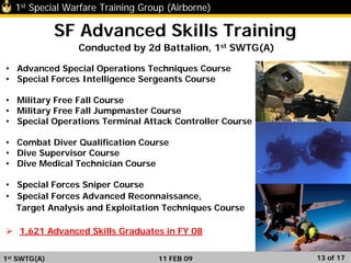 1st Special Warfare Training Group (Airborne)
13 of 17
SF Advanced Skills Training
Conducted by 2d Battalion, 1st SWTG(A)
• Advanced Special Operations Techniques Course
• Special Forces Intelligence Sergeants Course
• Military Free Fall Course
• Military Free Fall Jumpmaster Course
• Special Operations Terminal Attack Controller Course
• Combat Diver Qualification Course
• Dive Supervisor Course
• Dive Medical Technician Course
• Special Forces Sniper Course
• Special Forces Advanced Reconnaissance,
Target Analysis and Exploitation Techniques Course
1,621 Advanced Skills Graduates in FY 08
1st SWTG(A) 11 FEB 09
 