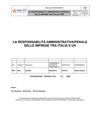 COLLANA MONOGRAFIE
Pagina
1 di 7
LA RESPONSABILITÀ AMMINISTRATIVA/PENALE
DELLE IMPRESE TRA ITALIA E UK
Aggiornamento documento
DATA REVISIONE
21/04/2016 01
LA RESPONSABILITÀ AMMINISTRATIVA/PENALE
DELLE IMPRESE TRA ITALIA E UK
DISTRIBUZIONE CONTROLLATA: SI NOX
Autori:
Ciro Strazzeri – Mia Rupcic – Simona Strazzeri
La riproduzione ed utilizzazione del presente documento è sotto licenza Common Creative By-NC.
Gli autori non assumono responsabilità circa le conseguenze derivanti dall’utilizzo e riproduzione dello stesso.
00 16/04/16 Emissione
STRAZZERI C.
RUPCIC M.
STRAZZERI S.
RUPCIC M. STRAZZERI C.
Rev. Data Causale Redazione Verifica Approvazione
 
