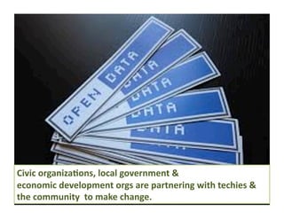 Other 
projects 
Civic 
organizaDons, 
local 
government 
& 
economic 
development 
orgs 
are 
partnering 
with 
techies 
& 
the 
community 
to 
make 
change. 
 