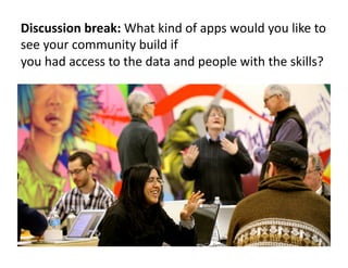 Discussion 
break: 
What 
kind 
of 
apps 
would 
you 
like 
to 
see 
your 
community 
build 
if 
you 
had 
access 
to 
the 
data 
and 
people 
with 
the 
skills? 
All 
rights 
reserved. 
susanmernit.com 
24 
 