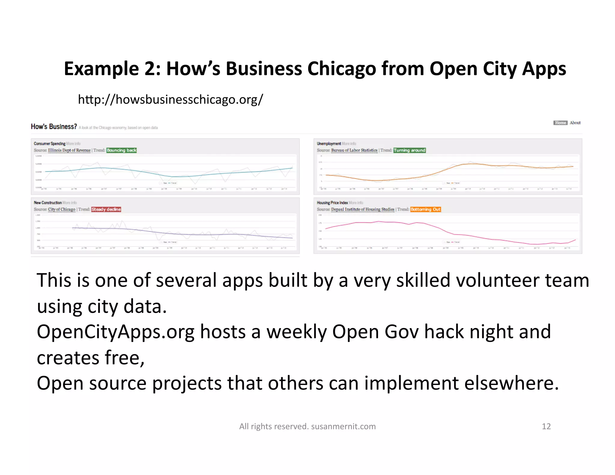 All	
  rights	
  reserved.	
  susanmernit.com	
   12	
  
Example	
  2:	
  How’s	
  Business	
  Chicago	
  from	
  Open	
  City	
  Apps	
  
hMp://howsbusinesschicago.org/	
  
This	
  is	
  one	
  of	
  several	
  apps	
  built	
  by	
  a	
  very	
  skilled	
  volunteer	
  team	
  
using	
  city	
  data.	
  
OpenCityApps.org	
  hosts	
  a	
  weekly	
  Open	
  Gov	
  hack	
  night	
  and	
  
creates	
  free,	
  
Open	
  source	
  projects	
  that	
  others	
  can	
  implement	
  elsewhere.	
  
 