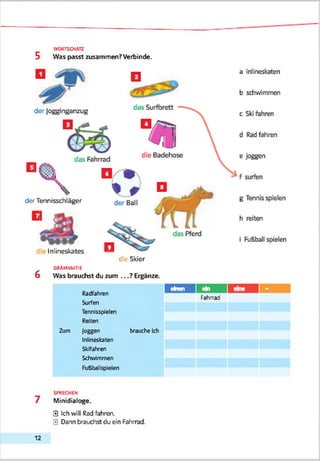 WORTSCHATZ
5 Was passt zusammen? Verbinde.
der Tennisschläger
Inlineskates
Cie Skier
GRAMMATIK
6 Was brauchst du zum ...? Ergänze.
Radfahren
Surfen
Tennisspielen
Reiten
Zum joggen brauche Ich
Inllneskaten
Skifahren
Schwimmen
Fußballspielen
einen efci
Fahrrad
SPRECHEN
7 Minidialoge.
0 Ich will Rad fahren.
0 Dann brauchst du ein Fahrrad.
12
 