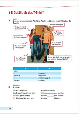 8 B Gefällt dir das T-Shirt?
7
LESEN
Lies und unterstreiche die Adjektive. Was ist positiv, was negativ? Ergänze die
}a, Ichfindesie
seh,emodisch!
TutmirSeid. Steffl, abersiegefoffen
m f nicht Ich finde sie hässRch!
Tabelle.
Tanja,y/se findest
da meinen Rode?
UndmeinSweatshirt?
Undgefallendir
meine Schabe?
Undmehe Hose?
Gefülltsiedir?
QdW?
>1
findeIhnelegant
Ichfindees
sehrsportlich.
U
schön
altmodisch
praktisch unpraktisch
nicht sehr elegant
bequem unbequem
GRAMMATIK
Ergänze.
Oer Rockgefällt mir. Ichfinde i h r elegant.
Das Sweatshirt gefällt mir sehr.
Die Hose gefällt mir sehr.
Die Sdruhe gefallen mir nicht
Ichfinde sehr sportlich.
Ichfinde sehr modisch.
Ichfinde hässlich.
126
 