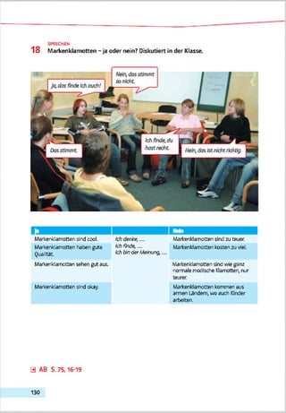 SPRECHEN
18 Maricenklamotten - ja oder nein? Diskutiert in der Klasse.
№'n,dos stimmt
so nicht
jo,dos finde Ich ouch!
1 /
j - r . • J i m
wi ■ Ich finde, du w  J
! Oosstimmt 1
2^- •>. ,
| hostrecht | ^ dös fet/ktht/khttg.
c 1
Markenklamotten sind ccol.
Markerklamotten haben gute
Qualität
(chdenke,...
Ichifinde, ...
IchbinderMeinung,...
Merkankiamotten sehen gut aus.
Nein
Markenklamotten sind zu teuer.
Markenklamotten kosten zu viel
Marfcenktamotten sind wie ganz
normale modische Klamotten, nur
teurer.
Markerklamotten sind okay. Markenklamotten kommen ajs
armen Landern, wo auch Kinder
arbeiten.
0 AB S. 75,16-19
130
 