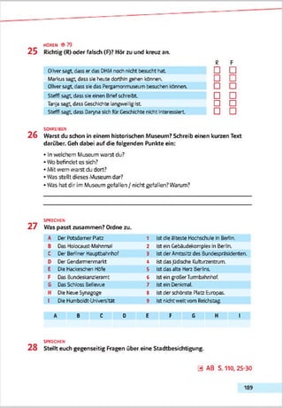 HOREN <579
25 Richtig (R) oder falsch (F)? Hör zu ur»d kreuz an.
R F
OiNersagt, dass er das DHMnoch nicht besucht hart □ □
Markussagt, dass sie haute dorthin gehen können. □ □
OKer sagt, dass sie des Pergamonmuseum besuchen können □ □
Steffi sagt, dasssie einen Briefschreibt □ □
Tanjasagt, dass Geschichte lang/rell glst □ □
Steffi sagt, dass Dan/na sichfür Geschichte nicht Interessiert □ □
SCHREIBEN
2 6 Warst du schon in einem historischen Museum? Schreib einen kurzen Text
darüber. Geh dabei auf die folgenden Punkte ein:
• In welchem Museum warst du?
• Wo befindet es sich?
• Mit wem warst du dort?
• Was stellt dieses Museum dar?
• Was hat dir im Museum gefallen / nicht gefallen? Warum?
SPRECHEN
2 7 Was passt zusammen? Ordne zu.
A Der Potsdamer Piao 1 Istdie eiteste Hochschule In Bedln.
B Das Holocaust-Mahnmal 2 Ist ein Gebäudekomplex InBerlin
C Der Berliner Hauptbafnhof 3 Istder Amtssitzdes BundesprSsIdenten.
D Der Gendarmermarkt 4 Istdasjüdische Kulturzentrum
E Die Hackeschen Höfe s Istdas alte Herz Berlins.
F Das Bundeskanzleramt 6 Ist ein großerTurmbahnhof.
G DasSchloss Bellewie 7 Ist ein Dertcmal.
H Die Neue Synagoge S Istderschönste Platz Europas.
1 Die KumbcJdt-Unversrtät 9 Ist nicht weitvom Reichstag.
A B C D E F G H I
SPRECHEN
28 Stellt euch gegenseitig Fragen über eine Stadtbesichtigung.
0 AB S.110, 25-30
189
 