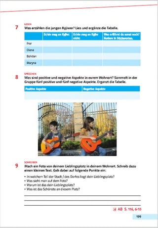 7
LESEN
Was erzählen die jungen Kyjiwer? Lies und ergänze die Tabelle
Er/sle mag an Kyfvr Er/sle mag an K)fw Was erfährst du sonst noch?
inLrK r U f r f lu -im rt n n
nicrtu WODereBl JUuVMnal
Ihor
Oiena
8ohd£n
Maryna
SPRECHEN
8 Was sind positive und negative Aspekte in eurem Wohnort? Sammelt in der
Gruppe fünf positive und fünf negative Aspekte. Ergänzt die Tabelle.
r% UJ A n n r.t-f.1 U - — * 1 ^ A -.-I n lr tn
rosiuTc Aspeicie Negative Aspetcie
SCHREIBEN
9 Mach ein Foto von deinem Lieblingsplatz in deinem Wohnort. Schreib dazu
einen kleinen Text. Geh dabei auf folgende Punkte ein:
• In welchem Teil der Stadt / des Dorfes liegt dein üeblingsplatz?
• Was sieht man auf dem Foto?
• Warum ist das dein üeblingsplatz?
• Was ist das Schönste an diesem Platz?
0 AB S. 116, 6-10
199
 