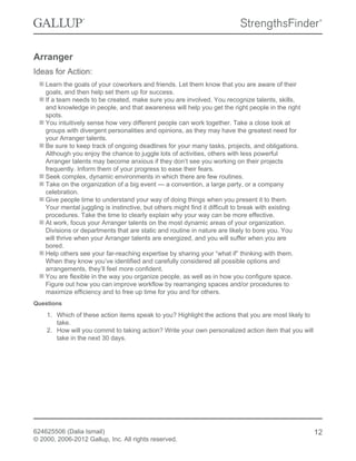 Arranger
Ideas for Action:
Learn the goals of your coworkers and friends. Let them know that you are aware of their
goals, and then help set them up for success.
If a team needs to be created, make sure you are involved. You recognize talents, skills,
and knowledge in people, and that awareness will help you get the right people in the right
spots.
You intuitively sense how very different people can work together. Take a close look at
groups with divergent personalities and opinions, as they may have the greatest need for
your Arranger talents.
Be sure to keep track of ongoing deadlines for your many tasks, projects, and obligations.
Although you enjoy the chance to juggle lots of activities, others with less powerful
Arranger talents may become anxious if they don’t see you working on their projects
frequently. Inform them of your progress to ease their fears.
Seek complex, dynamic environments in which there are few routines.
Take on the organization of a big event — a convention, a large party, or a company
celebration.
Give people time to understand your way of doing things when you present it to them.
Your mental juggling is instinctive, but others might find it difficult to break with existing
procedures. Take the time to clearly explain why your way can be more effective.
At work, focus your Arranger talents on the most dynamic areas of your organization.
Divisions or departments that are static and routine in nature are likely to bore you. You
will thrive when your Arranger talents are energized, and you will suffer when you are
bored.
Help others see your far-reaching expertise by sharing your “what if” thinking with them.
When they know you’ve identified and carefully considered all possible options and
arrangements, they’ll feel more confident.
You are flexible in the way you organize people, as well as in how you configure space.
Figure out how you can improve workflow by rearranging spaces and/or procedures to
maximize efficiency and to free up time for you and for others.
Questions
1. Which of these action items speak to you? Highlight the actions that you are most likely to
take.
2. How will you commit to taking action? Write your own personalized action item that you will
take in the next 30 days.
624625506 (Dalia Ismail)
© 2000, 2006-2012 Gallup, Inc. All rights reserved.
12
 