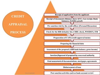 CREDIT
APPRAISAL
PROCESS
Post sanction activities such as bank account review
Disbursement of loan
Final assessment of documentations, mortgages, agreements
Sanction/Approval of proposal by concerned authority
Assessment of the proposal (ABB bank balance, gross income)
Preparing the financial data
Preparation of CAM (credit approval memo)
Check for the RBI defaulter list, CIBIL check, POSIDEX, ITR
Pre sanction visit by the credit officer (Personal Discussion)
Receipt of documents (Balance sheet, KYC, Gas receipt, Bank
balances, Stability proof)
Receipt of application from the applicant
10
Source google
 