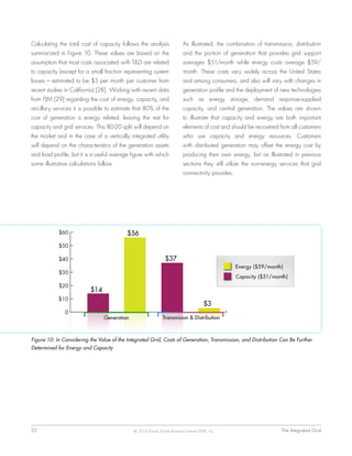 22	 The Integrated Grid© 2014 Electric Power Research Institute (EPRI), Inc.
Calculating the total cost of capacity follows the analysis
summarized in Figure 10. These values are based on the
assumption that most costs associated with T&D are related
to capacity (except for a small fraction representing system
losses – estimated to be $3 per month per customer from
recent studies in California) [28]. Working with recent data
from PJM [29] regarding the cost of energy, capacity, and
ancillary services it is possible to estimate that 80% of the
cost of generation is energy related, leaving the rest for
capacity and grid services. This 80-20 split will depend on
the market and in the case of a vertically integrated utility
will depend on the characteristics of the generation assets
and load profile, but it is a useful average figure with which
some illustrative calculations follow.
As illustrated, the combination of transmission, distribution
and the portion of generation that provides grid support
averages $51/month while energy costs average $59/
month. These costs vary widely across the United States
and among consumers, and also will vary with changes in
generation profile and the deployment of new technologies
such as energy storage, demand response-supplied
capacity, and central generation. The values are shown
to illustrate that capacity and energy are both important
elements of cost and should be recovered from all customers
who use capacity and energy resources. Customers
with distributed generation may offset the energy cost by
producing their own energy, but as illustrated in previous
sections they still utilize the non-energy services that grid
connectivity provides.
Figure 10: In Considering the Value of the Integrated Grid, Costs of Generation, Transmission, and Distribution Can Be Further
Determined for Energy and Capacity
 