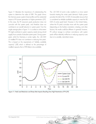 The Integrated Grid	 27© 2014 Electric Power Research Institute (EPRI), Inc.
Figure 11 illustrates the importance of understanding the
system to determine the value of DER. The graph shows
the German power system’s load profile and the substantial
impact of PV power generation at higher penetration [37].
In this case, the PV resource’s peak production does not
coincide with the system peak, and therefore does not
contribute to an overall reduction in system peak. From the
single average plots in Figure 11 it is unclear to what extent
PV might contribute to system capacity needs during critical
supply hours outside of absolute system peak. During system
peak, which for Germany is winter nights, the ~36 GW
of installed PV does not contribute to reducing that peak.
This is based on the requirements of “reliably available
capacity” [38] which is defined as the percentage of
installed capacity that is 99% likely to be available.
The ~33 GW of wind is also credited to a minor extent
towards meeting the winter peak demand. Hydro power
provides the bulk of the 12 GW of renewable resource that
is considered as reliable available capacity to meet the 80
GW of winter peak load. However in the United States,
where the PV peak coincides more with the system peak
(depending on the facility’s orientation, shading, and other
factors), the results could be different. In general, however,
PV without storage to achieve coincidence with system
peak will be relatively ineffective in reducing capacity costs
due to its variable, intermittent nature.
80
75
70
65
60
55
50
0 2 4 6 8 10 12 14 16 18 20 22 24
GW
Hour
System Load
Current PV
56 GW PV
84 GW PV
System Peak
Figure 11: Peak Load Reduction and Ramp Rate Impacts Resulting from High Penetration of PV [39]
 