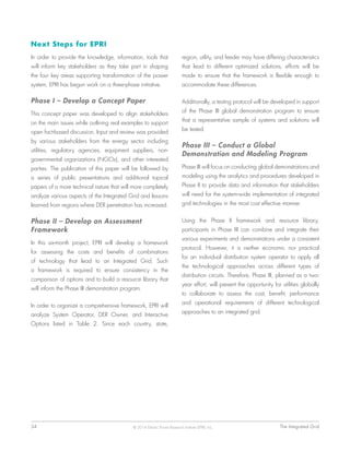 34	 The Integrated Grid© 2014 Electric Power Research Institute (EPRI), Inc.
Next Steps for EPRI
In order to provide the knowledge, information, tools that
will inform key stakeholders as they take part in shaping
the four key areas supporting transformation of the power
system, EPRI has begun work on a three-phase initiative.
Phase I – Develop a Concept Paper
This concept paper was developed to align stakeholders
on the main issues while outlining real examples to support
open fact-based discussion. Input and review was provided
by various stakeholders from the energy sector including
utilities, regulatory agencies, equipment suppliers, non-
governmental organizations (NGOs), and other interested
parties. The publication of this paper will be followed by
a series of public presentations and additional topical
papers of a more technical nature that will more completely
analyze various aspects of the Integrated Grid and lessons
learned from regions where DER penetration has increased.
Phase II – Develop an Assessment
Framework
In this six-month project, EPRI will develop a framework
for assessing the costs and benefits of combinations
of technology that lead to an Integrated Grid. Such
a framework is required to ensure consistency in the
comparison of options and to build a resource library that
will inform the Phase III demonstration program.
In order to organize a comprehensive framework, EPRI will
analyze System Operator, DER Owner, and Interactive
Options listed in Table 2. Since each country, state,
region, utility, and feeder may have differing characteristics
that lead to different optimized solutions, efforts will be
made to ensure that the framework is flexible enough to
accommodate these differences.
Additionally, a testing protocol will be developed in support
of the Phase III global demonstration program to ensure
that a representative sample of systems and solutions will
be tested.
Phase III – Conduct a Global
Demonstration and Modeling Program
Phase III will focus on conducting global demonstrations and
modeling using the analytics and procedures developed in
Phase II to provide data and information that stakeholders
will need for the system-wide implementation of integrated
grid technologies in the most cost effective manner.
Using the Phase II framework and resource library,
participants in Phase III can combine and integrate their
various experiments and demonstrations under a consistent
protocol. However, it is neither economic nor practical
for an individual distribution system operator to apply all
the technological approaches across different types of
distribution circuits. Therefore, Phase III, planned as a two-
year effort, will present the opportunity for utilities globally
to collaborate to assess the cost, benefit, performance
and operational requirements of different technological
approaches to an integrated grid.
 
