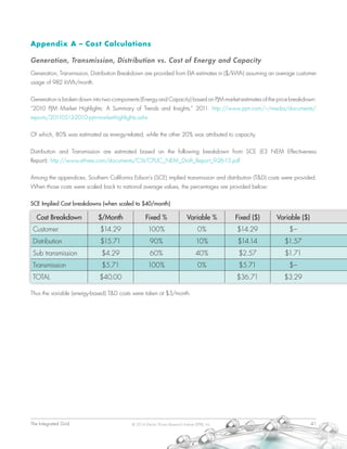 The Integrated Grid	 41© 2014 Electric Power Research Institute (EPRI), Inc.
Appendix A – Cost Calculations
Generation, Transmission, Distribution vs. Cost of Energy and Capacity
Generation, Transmission, Distribution Breakdown are provided from EIA estimates in ($/kWh) assuming an average customer
usage of 982 kWh/month.
Generation is broken down into two components (Energy and Capacity) based on PJM market estimates of the price breakdown:
“2010 PJM Market Highlights: A Summary of Trends and Insights.” 2011. http://www.pjm.com/~/media/documents/
reports/20110513-2010-pjm-market-highlights.ashx
Of which, 80% was estimated as energy-related, while the other 20% was attributed to capacity.
Distribution and Transmission are estimated based on the following breakdown from SCE (E3 NEM Effectiveness
Report): http://www.ethree.com/documents/CSI/CPUC_NEM_Draft_Report_9-26-13.pdf
Among the appendices, Southern California Edison’s (SCE) implied transmission and distribution (T&D) costs were provided.
When those costs were scaled back to national average values, the percentages are provided below:
SCE Implied Cost breakdowns (when scaled to $40/month)
Thus the variable (energy-based) T&D costs were taken at $3/month.
Cost Breakdown $/Month Fixed % Variable % Fixed ($) Variable ($)
Customer $14.29 100% 0% $14.29 $–
Distribution $15.71 90% 10% $14.14 $1.57
Sub transmission $4.29 60% 40% $2.57 $1.71
Transmission $5.71 100% 0% $5.71 $–
TOTAL $40.00 $36.71 $3.29
 