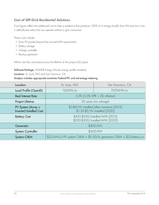 42	 The Integrated Grid© 2014 Electric Power Research Institute (EPRI), Inc.
Cost of Off-Grid Residential Solutions
Cost figures reflect the additional cost to take a residence that produces 100% of its energy locally (from PV) and turn it into
a self-sufficient entity that can operate without a grid connection.
These costs include:
•	 Extra PV panels (beyond the annual kWh requirement)
•	 Battery storage
•	 Charge controller
•	 Backup generator
Which are then amortized across the lifetime of the project (20 years)
Software Package: HOMER Energy (Hourly energy profile simulator)
Locations: St. Louis, MO and San Francisco, CA
Analysis includes appropriate incentives Federal ITC and net-energy-metering
Location St. Louis, MO San Francisco, CA
Load Profile (OpenEI) 12MWh/yr 7.67MWh/yr
Real Interest Rate 3.5% (5.5% APR – 2% inflation)
Project Lifetime 20 years (no salvage)
PV System (Array +
Inverter) Installed Cost
$3-$4/W installed (after incentive) [2013]
$1.50-$2/W installed [2020]
Battery Cost $450-$550/installed kWh [2013]
$200-$300/installed kWh [2020]
Generator $400/kW
System Controller $600/kW
System O&M $32/kW/yr PV system O&M + $0.50/hr generator O&M + $3/battery/yr
 