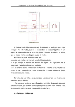 DESENHO TÉCNICO - PROFª. MARTA MITIKO K. SIQUEIRA
A vista de frente é também chamada de elevação , a qual deve ser a vista
principal . Por esta razão , quando se pensa obter as vistas ortográficas de um
objeto , é conveniente que se faça uma analise criteriosa do mesmo , a fim de
que se eleja a melhor posição para a vista de frente .
Para essa escolha , esta vista deve ser :
a. Aquela que mostre a forma mais característica do objeto;
b. A que indique a posição de trabalho do objeto , ou seja como ele é
encontrado , isoladamente ou num conjunto
c. Se os critérios acima continuarem insuficientes , escolhe -se a posição que
mostre a maior dimensão do objeto e possibilite o menor numero de linhas
invisíveis nas outras vistas .
Na obtenção das vistas , os contornos e arestas visíveis são desenhados
com linha grossa continua.
As arestas e contornos que não podem ser vistos da posição ocupada
pelo observador , por estarem ocultos pelas partes que lhe ficam à frente , são
representados por linha média tracejada ( linha invisível ).
8. SÍMBOLOS GRÁFICOS
11
 