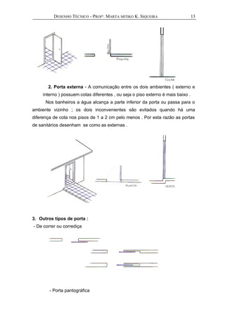 DESENHO TÉCNICO - PROFª. MARTA MITIKO K. SIQUEIRA
2. Porta externa - A comunicação entre os dois ambientes ( externo e
interno ) possuem cotas diferentes , ou seja o piso externo é mais baixo .
Nos banheiros a água alcança a parte inferior da porta ou passa para o
ambiente vizinho ; os dois inconvenientes são evitados quando há uma
diferença de cota nos pisos de 1 a 2 cm pelo menos . Por esta razão as portas
de sanitários desenham se como as externas .
3. Outros tipos de porta :
- De correr ou corrediça
- Porta pantográfica
13
 