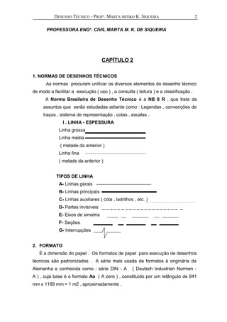 DESENHO TÉCNICO - PROFª. MARTA MITIKO K. SIQUEIRA
PROFESSORA ENGa
. CIVIL MARTA M. K. DE SIQUEIRA
CAPÍTULO 2
1. NORMAS DE DESENHOS TÉCNICOS
As normas procuram unificar os diversos elementos do desenho técnico
de modo a facilitar a execução ( uso ) , a consulta ( leitura ) e a classificação .
A Norma Brasileira de Desenho Técnico é a NB 8 R , que trata de
assuntos que serão estudadas adiante como : Legendas , convenções de
traços , sistema de representação , cotas , escalas .
I . LINHA - ESPESSURA
Linha grossa
Linha média
( metade da anterior )
Linha fina
( metade da anterior )
TIPOS DE LINHA
A- Linhas gerais
B- Linhas principais
C- Linhas auxiliares ( cota , ladrilhos , etc. )
D- Partes invisíveis _ _ _ _ _ _ _ _ _ _ _ _ _ _ _ _ _ _ _ _ _
E- Eixos de simetria
F- Seções
G- Interrupções
2. FORMATO
É a dimensão do papel . Os formatos de papel para execução de desenhos
técnicos são padronizados . A série mais usada de formatos é originária da
Alemanha e conhecida como : série DIN - A ( Deutsch Industrien Normen -
A ) , cuja base é o formato Ao ( A zero ) , constituído por um retângulo de 841
mm x 1189 mm = 1 m2 , aproximadamente .
2
 