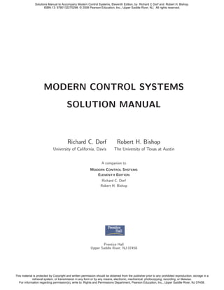 Solution To Modern Control Systems 11th Edition 11th Edition Richard C Dorf | PDF