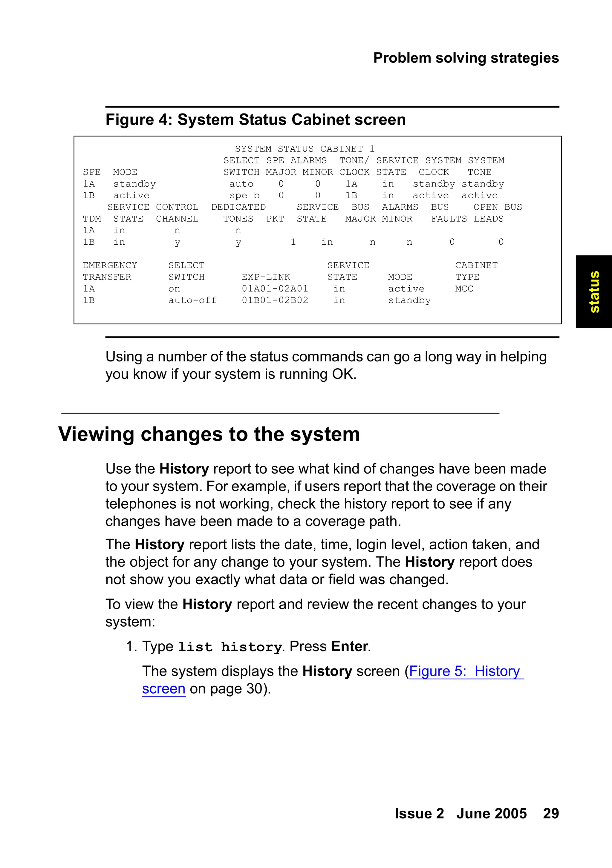 Problem solving strategies
Issue 2 June 2005 29
status
Figure 4: System Status Cabinet screen
Using a number of the status commands can go a long way in helping
you know if your system is running OK.
Viewing changes to the system
Use the History report to see what kind of changes have been made
to your system. For example, if users report that the coverage on their
telephones is not working, check the history report to see if any
changes have been made to a coverage path.
The History report lists the date, time, login level, action taken, and
the object for any change to your system. The History report does
not show you exactly what data or field was changed.
To view the History report and review the recent changes to your
system:
1. Type list history. Press Enter.
The system displays the History screen (Figure 5: History
screen on page 30).
SYSTEM STATUS CABINET 1
SELECT SPE ALARMS TONE/ SERVICE SYSTEM SYSTEM
SPE MODE SWITCH MAJOR MINOR CLOCK STATE CLOCK TONE
1A standby auto 0 0 1A in standby standby
1B active spe b 0 0 1B in active active
SERVICE CONTROL DEDICATED SERVICE BUS ALARMS BUS OPEN BUS
TDM STATE CHANNEL TONES PKT STATE MAJOR MINOR FAULTS LEADS
1A in n n
1B in y y 1 in n n 0 0
EMERGENCY SELECT SERVICE CABINET
TRANSFER SWITCH EXP-LINK STATE MODE TYPE
1A on 01A01-02A01 in active MCC
1B auto-off 01B01-02B02 in standby
 