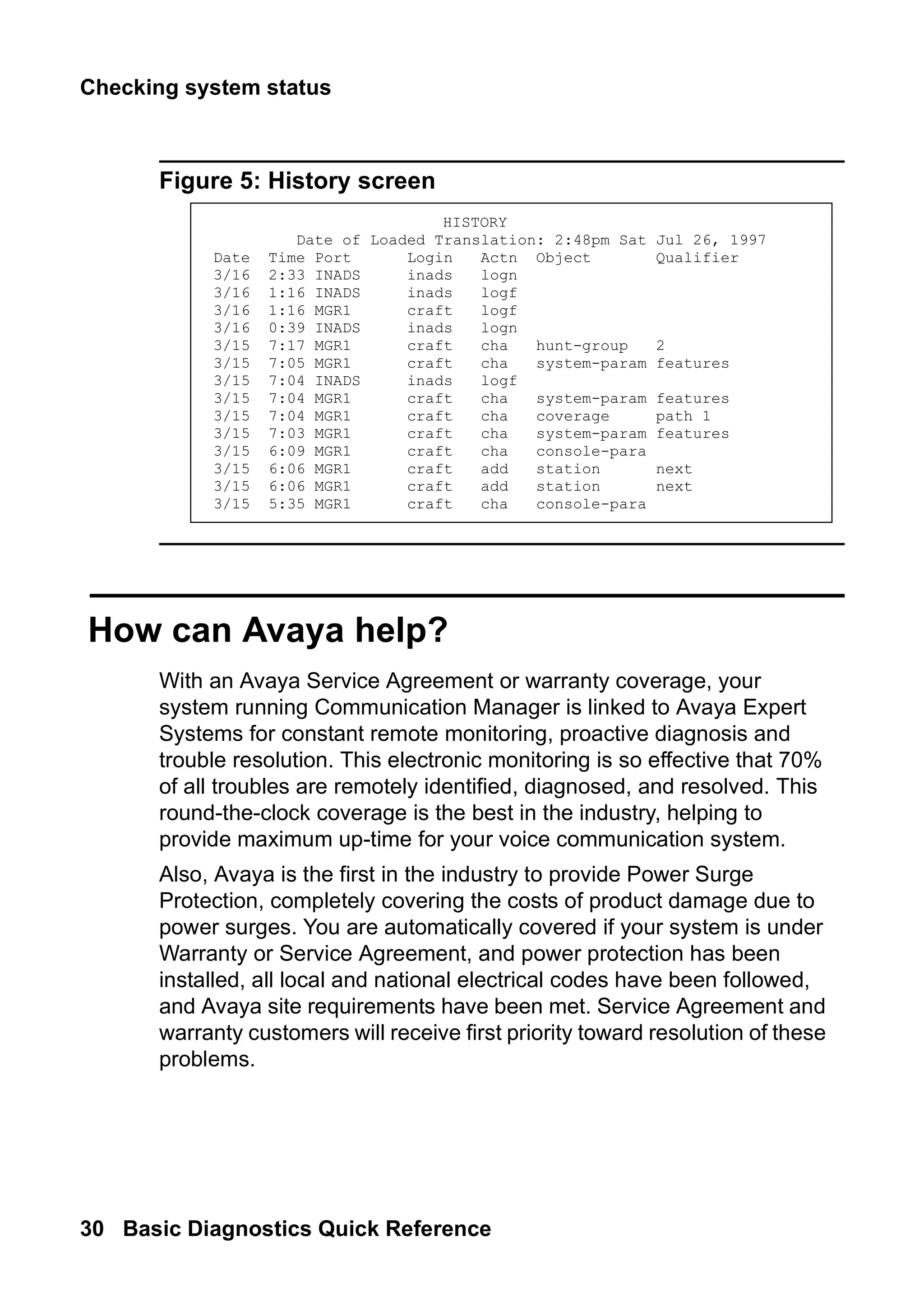 Checking system status
30 Basic Diagnostics Quick Reference
Figure 5: History screen
How can Avaya help?
With an Avaya Service Agreement or warranty coverage, your
system running Communication Manager is linked to Avaya Expert
Systems for constant remote monitoring, proactive diagnosis and
trouble resolution. This electronic monitoring is so effective that 70%
of all troubles are remotely identified, diagnosed, and resolved. This
round-the-clock coverage is the best in the industry, helping to
provide maximum up-time for your voice communication system.
Also, Avaya is the first in the industry to provide Power Surge
Protection, completely covering the costs of product damage due to
power surges. You are automatically covered if your system is under
Warranty or Service Agreement, and power protection has been
installed, all local and national electrical codes have been followed,
and Avaya site requirements have been met. Service Agreement and
warranty customers will receive first priority toward resolution of these
problems.
HISTORY
Date of Loaded Translation: 2:48pm Sat Jul 26, 1997
Date Time Port Login Actn Object Qualifier
3/16 2:33 INADS inads logn
3/16 1:16 INADS inads logf
3/16 1:16 MGR1 craft logf
3/16 0:39 INADS inads logn
3/15 7:17 MGR1 craft cha hunt-group 2
3/15 7:05 MGR1 craft cha system-param features
3/15 7:04 INADS inads logf
3/15 7:04 MGR1 craft cha system-param features
3/15 7:04 MGR1 craft cha coverage path 1
3/15 7:03 MGR1 craft cha system-param features
3/15 6:09 MGR1 craft cha console-para
3/15 6:06 MGR1 craft add station next
3/15 6:06 MGR1 craft add station next
3/15 5:35 MGR1 craft cha console-para
 