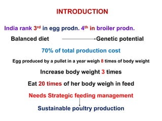 INTRODUCTION
India rank 3rd in egg prodn. 4th in broiler prodn.
Balanced diet Genetic potential
70% of total production cost
Egg produced by a pullet in a year weigh 8 times of body weight
Increase body weight 3 times
Eat 20 times of her body weigh in feed
Needs Strategic feeding management
Sustainable poultry production
 
