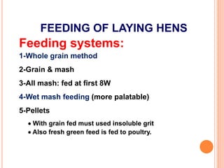 FEEDING OF LAYING HENS
Feeding systems:
1-Whole grain method
2-Grain & mash
3-All mash: fed at first 8W
4-Wet mash feeding (more palatable)
5-Pellets
 With grain fed must used insoluble grit
 Also fresh green feed is fed to poultry.
 