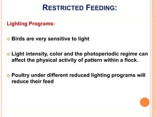 RESTRICTED FEEDING:
Lighting Programs:
 Birds are very sensitive to light
 Light intensity, color and the photoperiodic regime can
affect the physical activity of pattern within a flock.
 Poultry under different reduced lighting programs will
reduce their feed
 