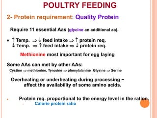 POULTRY FEEDING
2- Protein requirement: Quality Protein
Require 11 essential Aas (glycine an additional aa).
  Temp.   feed intake   protein req.
 Temp.   feed intake   protein req.
Methionine most important for egg laying
Some AAs can met by other AAs:
Cystine  methionine, Tyrosine  phenylalanine Glysine  Serine
Overheating or underheating during processing ~
affect the availability of some amino acids.
 Protein req. proportional to the energy level in the ration.
 Calorie protein ratio
 