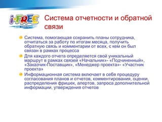 Система отчетности и обратной
связи
Система, помогающая сохранить планы сотрудника,
отчитаться за работу по итогам месяца, получить
обратную связь и комментарии от всех, с кем он был
связан в рамках процесса
Для каждого отчета определяется свой уникальный
маршрут в рамках связей «Начальник»- «Подчиненный»,
«Заказчик-Поставщик», «Менеджер проекта»- «Участник
проекта»
Информационная система включает в себя процедуру
согласования планов и отчетов, комментирования, оценки,
распределения фришек, алертов, запроса дополнительной
информации, утверждения отчетов
 