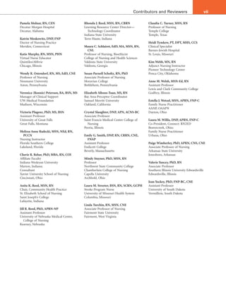 vii
Contributors and Reviewers
Pamela Molnar, RN, CEN
Decatur Morgan Hospital
Decatur, Alabama
Katrin Moskowitz, DNP, FNP
Doctor of Nursing Practice
Meriden, Connecticut
Katie Murphy, RN, MSN, PHN
Virtual Nurse Educator
Quintiles/Abbvie
Chicago, Illinois
Wendy R. Ostendorf, RN, MS, EdD, CNE
Professor of Nursing
Neumann University
Aston, Pennsylvania
Veronica (Ronnie) Peterson, BA, BSN, MS
Manager of Clinical Support
UW-Medical Foundation
Madison, Wisconsin
Victoria Plagenz, PhD, MS, BSN
Assistant Professor
University of Great Falls
Great Falls, Montana
Melissa Anne Radecki, MSN, NEd, RN,
PCCN
Nursing Instructor
Florida Southern College
Lakeland, Florida
Cherie R. Rebar, PhD, MBA, RN, COI
Affiliate Faculty
Indiana Wesleyan University
Marion, Indiana;
Consultant
Xavier University School of Nursing
Cincinnati, Ohio
Anita K. Reed, MSN, RN
Chair, Community Health Practice
St. Elizabeth School of Nursing
Saint Joseph’s College
Lafayette, Indiana
Jill R. Reed, PhD, APRN-NP
Assistant Professor
University of Nebraska Medical Center,
College of Nursing
Kearney, Nebraska
Rhonda J. Reed, MSN, RN, CRRN
Learning Resource Center Director—
Technology Coordinator
Indiana State University
Terre Haute, Indiana
Maura C. Schlairet, EdD, MA, MSN, RN,
CNL
Professor of Nursing, Bioethicist
College of Nursing and Health Sciences
Valdosta State University
Valdosta, Georgia
Susan Parnell Scholtz, RN, PhD
Associate Professor of Nursing
Moravian College
Bethlehem, Pennsylvania
Elizabeth Sibson-Tuan, MS, RN
Bay Area Preceptor Coordinator
Samuel Merritt University
Oakland, California
Crystal Slaughter, DNP, APN, ACNS-BC
Associate Professor
Saint Francis Medical Center College of
Nursing
Peoria, Illinois
Emily G. Smith, DNP, RN, CRRN, CNE,
FNAP
Assistant Professor
Endicott College
Beverly, Massachusetts
Mindy Stayner, PhD, MSN, RN
Professor
Northwest State Community College
Chamberlain College of Nursing
Capella University
Archbold, Ohio
Laura M. Streeter, BSN, RN, SCRN, GCPH
Stroke Program Nurse
University of Missouri Health System
Columbia, Missouri
Linda Turchin, RN, MSN, CNE
Associate Professor of Nursing
Fairmont State University
Fairmont, West Virginia
Claudia C. Turner, MSN, RN
Professor of Nursing
Temple College
Temple, Texas
Heidi Tymkew, PT, DPT, MHS, CCS
Clinical Specialist
Barnes-Jewish Hospital
St. Louis, Missouri
Kim Webb, MN, RN
Adjunct Nursing Instructor
Pioneer Technology Center
Ponca City, Oklahoma
Anne M. Welsh, MSN-Ed, RN
Assistant Professor
Lewis and Clark Community College
Godfrey, Illinois
Estella J. Wetzel, MSN, APRN, FNP-C
Family Nurse Practitioner
AANP, OAAPN
Dayton, Ohio
Laura M. Willis, DNP, APRN, FNP-C
Co-President, Connect: RN2ED
Beavercreek, Ohio;
Family Nurse Practitioner
Urbana, Ohio
Paige Wimberley, PhD, APRN, CNS, CNE
Associate Professor of Nursing
Arkansas State University
Jonesboro, Arkansas
Valerie Yancey, PhD, RN
Associate Professor
Southern Illinois University Edwardsville
Edwardsville, Illinois
Jean Yockey, PhD, FNP-BC, CNE
Assistant Professor
University of South Dakota
Vermillion, South Dakota
 