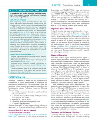 5
CHAPTER 1 Professional Nursing
direct patient care. The LPN/LVN is a nurse who completes
a practical nursing program and passes a licensure examina-
tion (NCLEX-PN®). The LPN/LVN practices under the
supervision of an RN or other licensed person. The respon-
sibilities and scope of practice are set by each state board of
nursing. An LPN/LVN, or in Canada an RN assistant (RNA),
generally receives 1 year of education and clinical preparation
in a community college or other agency. Some RN programs
allow an LPN to enter the program at an advanced level.
Registered Nurse Education
As a profession nursing requires that its members possess a
significant amount of education. There are various educa-
tional routes for becoming a registered nurse (RN). Cur-
rently in the United States an individual becomes an RN by
earning an associate degree, diploma, or baccalaureate degree
program in nursing and by passing the NCLEX-RN® exami-
nation. The baccalaureate degree is required as the entry to
practice standard for RNs in all provinces of Canada except
Quebec (Canadian Nurses Association [CAN], 2016a).
Nursing education provides the solid foundation for practice,
and it responds to changes in health care created by scientific
and technological advances.
Advanced Education
Some roles for RNs require advanced graduate degrees. A
graduate degree provides the advanced clinician with strong
skills in nursing science and theory, with an emphasis on the
basic sciences and research-based clinical practice related to
a specialty. A master’s degree in nursing (e.g., Master of Arts
in Nursing [MA], Master of Nursing [MN], or Master of
Science in Nursing [MSN]) is for RNs seeking roles such as
nurse educator, nurse administrator, clinical nurse leader,
nursing informatics specialist, or advanced practice registered
nurse (APRN). Some programs require the RN to have a
Bachelor of Science in Nursing (BSN) degree before entry;
other programs offer entrance to associate degree–prepared
nurses who take bachelor’s level courses as they progress
through the curriculum toward the master’s degree.
Some roles within nursing require doctoral degrees. There
are two doctorate degree in nursing options for nurses. The
Doctor of Philosophy (PhD) has a focus on research, and the
Doctor of Nursing Practice (DNP) has a focus on advanced
clinical practice. The health care industry needs nurses pre-
pared at the doctorate level with advanced academic and
clinical preparation to educate nursing students and partici-
pate as members of the interdisciplinary health care team to
provide evidence-based, competent, safe patient care (IOM,
2010). Nurses with doctorates advance the profession by pro-
moting evidence-based practice, developing practice guide-
lines, conducting and disseminating research, developing
and testing theory, educating future nurses, and influencing
public policy and health care planning.
Continuing and In-Service Education
Continuing education programs are one way to promote
and maintain current nursing skills, gain new knowledge
PROFESSIONALISM
Nursing is a profession. A person who acts professionally is
conscientious in actions, knowledgeable in the subject, and
responsible to self and others. This means that as a nurse you
administer patient-centered care in a safe, conscientious, and
knowledgeable manner. Professions possess the following
characteristics:
• An extended education of members and a basic liberal
education foundation
• A theoretical body of knowledge leading to defined
skills, abilities, and norms
• Provision of a specific service
• Autonomy in decision making and practice
• A code of ethics for practice
Nursing shares each of these characteristics, offering an
opportunityforthegrowthandenrichmentof allitsmembers.
Licensed Practical Nurse/Licensed
Vocational Nurse Education
A licensed practical nurse (LPN) or licensed vocational
nurse (LVN) is educated in basic nursing techniques and
PICO Question: Are patient outcomes improved in hos-
pitals with adequate nursing staffing versus hospitals
with lower nursing staffing?
SUMMARY OF EVIDENCE
There is a growing body of research that shows that nurse
staffing does impact patient outcomes, patient survival, and
the occurrence of adverse events. A secondary data analysis
from 661 hospitals showed that there was a significantly
lower 30-day readmission rate for patients with heart failure
in hospitals that had high nurse staffing, thus reducing health
care costs (Giuliano et al., 2016). Higher nurse staffing was
also found to significantly increase the survival of patients in
an intensive care unit (West et al., 2014). Patients experienc-
ing an in-hospital cardiac arrest were more likely to survive
when there was a decreased patient-to-nurse ratio (McHugh
et al., 2016). Cho et al. (2016) found that larger numbers of
patients assigned to a nurse increased the occurrence of
medication errors, pressure injury formation, and falls with
injuries. Studies demonstrating the positive impact that
nurse-to-patient ratios have on outcomes provide nursing
administrators with evidence to support hiring of qualified
professional nurses.
APPLICATION TO NURSING PRACTICE
• Consider the nurse-to-patient ratio when looking at a hos-
pital or unit for employment.
• Adequate nursing levels help to improve the nursing work
environment (Cho et al., 2016).
• Improved working conditions increase the likelihood of
patient survival in emergency events (McHugh et al.,
2016).
• Continuing research needs to be conducted to study the
economic impact of nurse staffing and improved patient
outcomes (Giuliano et al., 2016).
BOX 1.1 EVIDENCE-BASED PRACTICE
 