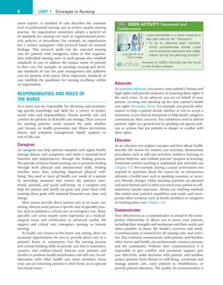 8 UNIT 1 Concepts in Nursing
nurse experts. A standard of care describes the common
level of professional nursing care to achieve quality nursing
practice. An organization sometimes adopts a general set
of standards for nursing care such as organizational proto-
cols, policies, or procedures. For example, an organization
has a written nasogastric tube protocol based on research
findings. This protocol spells out the expected nursing
care for patients with nasogastric tubes in that organiza-
tion. Individual nursing units or work groups also establish
standards of care to address the unique needs of patients
in their care. For example, an oncology nursing unit devel-
ops standards of care for pain management and palliative
care for patients with cancer. More important, standards of
care establish the guidelines for nursing excellence within
an organization.
RESPONSIBILITIES AND ROLES OF
THE NURSE
As a nurse you are responsible for obtaining and maintain-
ing specific knowledge and skills for a variety of profes-
sional roles and responsibilities. Nurses provide care and
comfort for patients in all health care settings. Their concern
for meeting patients’ needs remains the same whether
care focuses on health promotion and illness prevention,
disease and symptom management, family support, or
end-of-life care.
Caregiver
As caregiver you help patients maintain and regain health,
manage disease and symptoms, and attain a maximal level
function and independence through the healing process.
You provide evidence-based nursing care to promote healing
through both physical and interpersonal skills. Healing
involves more than achieving improved physical well-
being. You need to meet all health care needs of a patient
by providing measures that restore the patient’s emo-
tional, spiritual, and social well-being. As a caregiver you
help the patient and family set goals and assist them with
meeting these goals with minimal financial cost, time, and
energy.
Most nurses provide direct patient care in an acute care
setting, whereas some pursue a specific area of specialty prac-
tice such as pediatrics, critical care, or emergency care. Many
specialty care areas require some experience as a medical-
surgical nurse and certification in advanced cardiac life
support and critical care, emergency nursing, or trauma
nursing.
As health care returns to the home care setting, there are
increased opportunities for you to provide direct care in a
patient’s home or community. Use the nursing process
and critical thinking skills to provide care that is restorative,
curative, and evidence-based. Educate your patients and
families to promote health maintenance and self-care. In col-
laboration with other health care team members, focus
your care on returning patients to their home at an optimal
functional status.
Lucas participates in a team meeting to
help plan care for Mr. Thompson.
• To be an effective team member,
which competencies should Lucas
use to promote teamwork and collab-
oration during the planning process?
Answers to QSEN Activities can be found
on the Evolve website.
QSEN ACTIVITY Teamwork and
Collaboration
Copyright © sturti/
Getty Images.
Advocate
As a patient advocate you protect your patient’s human and
legal rights and provide assistance in asserting these rights if
the need arises. As an advocate you act on behalf of your
patient, securing and standing up for your patient’s health
care rights (Kowalski, 2016). For example, you provide infor-
mation to help a patient decide whether or not to accept a
treatment, or you find an interpreter to help family caregivers
communicate their concerns. You sometimes need to defend
patients’ rights in a general way by speaking out against poli-
cies or actions that put patients in danger or conflict with
their rights.
Educator
As an educator you explain concepts and facts about health,
describe the reason for routine care activities, demonstrate
procedures such as self-care activities, reinforce learning or
patient behavior, and evaluate patients’ progress in learning.
Sometimes patient teaching is unplanned and informal (see
Chapter 12). For example, during a casual conversation you
respond to questions about the reason for an intravenous
infusion, a health issue such as smoking cessation, or neces-
sary lifestyle changes. Other teaching activities are planned
and more formal such as when you teach your patient to self-
administer insulin injections. Always use teaching methods
that match your patient’s capabilities and needs, and incor-
porate other resources such as family members or caregivers
in teaching plans (see Chapter 25).
Communicator
Your effectiveness as a communicator is central to the nurse-
patient relationship. It allows you to know your patients,
including their strengths and weaknesses and their needs; and
when possible, to know the family’s concerns and needs.
Communication is essential for all nursing roles and activi-
ties. You routinely communicate with patients and families,
other nurses and health care professionals, resource persons,
and the community. Without clear communication it is
impossible to give comfort and emotional support, give
care effectively, make decisions with patients and families,
protect patients from threats to well-being, coordinate and
manage patient care, assist patients in rehabilitation, or
provide patient education. The quality of communication is
 