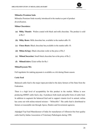 ORGANISATION STUDY AT MILMA, KOLLAM DAIRY
28
MilmaIze Premium Soda
MilmaIze Premium Soda recently introduced in the market as part of product
diversification.
Milma Chocolates:
(a) Milky Thundr: Wafers coated with black and milk chocolate. The product is sold
at Rs.5
(b) Milky Beats: Milk chocolate bar, available in the market atRs 10.
(c) Choco Beats: Black chocolate bar,available in the market atRs 10.
(d) Milma Krispy: Black chocolate wafer at the price of Rs.5
(e) MilmaChocochat: Small black chocolate bar at the price of Rs.2.
(f) MilmaEclairs: Éclair toffee for Re.1
MilmaPayasam Mix
Full ingridents for making payasam is available as a kit during Onam season.
Cattle Feed
Balanced cattle feed is the major input provided to the dairy farmers of the State from the
Federation.
There is a high level of acceptability for this product in the market. Milma is now
producing 600MT cattle feed a day. It produces both mash and pellet form of cattle feed.
In addition to augment the balanced feed and to support vitamin level in animal, milma
has come out with milma mineral mixture - "MilmaMin". The cattle feed is distributed to
farmers at reasonable rate through Apcos, Dealers and Government agencies.
Adjudged Top Feed Manufacturer of India for manufacture of Aflotoxin-free best quality
cattle feed by Indian Association of Veterinary Pathologists during 1998.
 