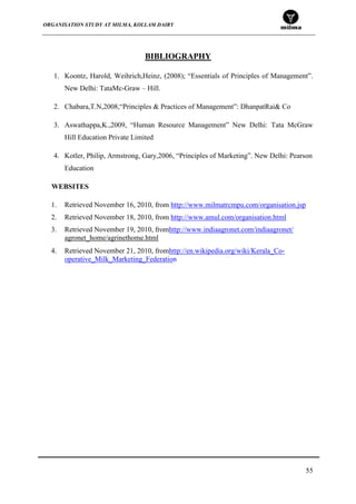 ORGANISATION STUDY AT MILMA, KOLLAM DAIRY
55
BIBLIOGRAPHY
1. Koontz, Harold, Weihrich,Heinz, (2008); “Essentials of Principles of Management”.
New Delhi: TataMc-Graw – Hill.
2. Chabara,T.N,2008,“Principles & Practices of Management”: DhanpatRai& Co
3. Aswathappa,K.,2009, “Human Resource Management” New Delhi: Tata McGraw
Hill Education Private Limited
4. Kotler, Philip, Armstrong, Gary,2006, “Principles of Marketing”. New Delhi: Pearson
Education
WEBSITES
1. Retrieved November 16, 2010, from http://www.milmatrcmpu.com/organisation.jsp
2. Retrieved November 18, 2010, from http://www.amul.com/organisation.html
3. Retrieved November 19, 2010, fromhttp://www.indiaagronet.com/indiaagronet/
agronet_home/agrinethome.html
4. Retrieved November 21, 2010, fromhttp://en.wikipedia.org/wiki/Kerala_Co-
operative_Milk_Marketing_Federation
 