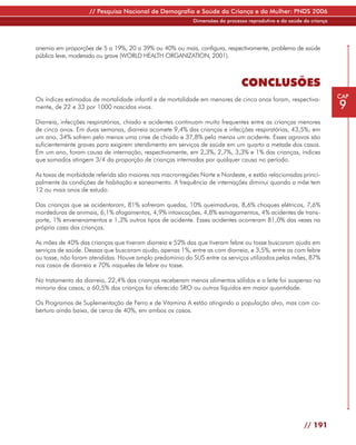 // Pesquisa Nacional de Demografia e Saúde da Criança e da Mulher: PNDS 2006
                                                           Dimensões do processo reprodutivo e da saúde da criança




anemia em proporções de 5 a 19%, 20 a 39% ou 40% ou mais, configura, respectivamente, problema de saúde
pública leve, moderado ou grave (WORLD HEALTH ORGANIZATION, 2001).



                                                                              CONCLUSÕES
Os índices estimados de mortalidade infantil e de mortalidade em menores de cinco anos foram, respectiva-            CAP
mente, de 22 e 33 por 1000 nascidos vivos.                                                                           9
Diarreia, infecções respiratórias, chiado e acidentes continuam muito frequentes entre as crianças menores
de cinco anos. Em duas semanas, diarreia acomete 9,4% das crianças e infecções respiratórias, 43,5%; em
um ano, 34% sofrem pelo menos uma crise de chiado e 37,8% pelo menos um acidente. Esses agravos são
suficientemente graves para exigirem atendimento em serviços de saúde em um quarto a metade dos casos.
Em um ano, foram causa de internação, respectivamente, em 2,3%, 2,7%, 3,3% e 1% das crianças, índices
que somados atingem 3/4 da proporção de crianças internadas por qualquer causa no período.

As taxas de morbidade referida são maiores nas macrorregiões Norte e Nordeste, e estão relacionadas princi-
palmente às condições de habitação e saneamento. A frequência de internações diminui quando a mãe tem
12 ou mais anos de estudo.

Das crianças que se acidentaram, 81% sofreram quedas, 10% queimaduras, 8,6% choques elétricos, 7,6%
mordeduras de animais, 6,1% afogamentos, 4,9% intoxicações, 4,8% esmagamentos, 4% acidentes de trans-
porte, 1% envenenamentos e 1,3% outros tipos de acidente. Esses acidentes ocorreram 81,0% das vezes na
própria casa das crianças.

As mães de 40% das crianças que tiveram diarreia e 52% das que tiveram febre ou tosse buscaram ajuda em
serviços de saúde. Dessas que buscaram ajuda, apenas 1%, entre as com diarreia, e 3,5%, entre as com febre
ou tosse, não foram atendidas. Houve amplo predomínio do SUS entre os serviços utilizados pelas mães, 87%
nos casos de diarreia e 70% naqueles de febre ou tosse.

No tratamento da diarreia, 22,4% das crianças receberam menos alimentos sólidos e o leite foi suspenso na
minoria dos casos; a 60,5% das crianças foi oferecido SRO ou outros líquidos em maior quantidade.

Os Programas de Suplementação de Ferro e de Vitamina A estão atingindo a população alvo, mas com co-
bertura ainda baixa, de cerca de 40%, em ambos os casos.




                                                                                                        // 191
 