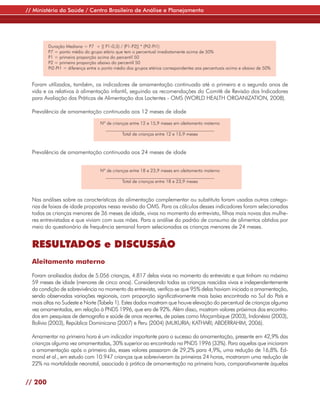 // Ministério da Saúde / Centro Brasileiro de Análise e Planejamento




         Duração Mediana = P7 + [( P1-0,5) / (P1-P2)] * (Pt2-Pt1)
         P7 = ponto médio do grupo etário que tem o percentual imediatamente acima de 50%
         P1 = primeira proporção acima do percentil 50
         P2 = primeira proporção abaixo do percentil 50
         Pt2-Pt1 = diferença entre o ponto médio dos grupos etários correspondentes aos percentuais acima e abaixo de 50%


  Foram utilizados, também, os indicadores de amamentação continuada até o primeiro e o segundo anos de
  vida e os relativos à alimentação infantil, seguindo as recomendações do Comitê de Revisão dos Indicadores
  para Avaliação das Práticas de Alimentação dos Lactentes - OMS (WORLD HEALTH ORGANIZATION, 2008).

  Prevalência de amamentação continuada aos 12 meses de idade

                                   Nº de crianças entre 12 e 15,9 meses em aleitamento materno
                                     ________________________________________________
                                              Total de crianças entre 12 e 15,9 meses



  Prevalência de amamentação continuada aos 24 meses de idade


                                   Nº de crianças entre 18 e 23,9 meses em aleitamento materno
                                     ________________________________________________
                                              Total de crianças entre 18 e 23,9 meses



  Nas análises sobre as características da alimentação complementar ou substituta foram usadas outras catego-
  rias de faixas de idade propostas nessa revisão da OMS. Para os cálculos desses indicadores foram selecionadas
  todas as crianças menores de 36 meses de idade, vivas no momento da entrevista, filhas mais novas das mulhe-
  res entrevistadas e que viviam com suas mães. Para a análise do padrão de consumo de alimentos obtidos por
  meio do questionário de frequência semanal foram selecionadas as crianças menores de 24 meses.


  RESULTADOS e DISCUSSÃO
  Aleitamento materno

  Foram analisados dados de 5.056 crianças, 4.817 delas vivas no momento da entrevista e que tinham no máximo
  59 meses de idade (menores de cinco anos). Considerando todas as crianças nascidas vivas e independentemente
  da condição de sobrevivência no momento da entrevista, verifica-se que 95% delas haviam iniciado a amamentação,
  sendo observadas variações regionais, com proporção significativamente mais baixa encontrada no Sul do País e
  mais altas no Sudeste e Norte (Tabela 1). Estes dados mostram que houve elevação do percentual de crianças alguma
  vez amamentadas, em relação à PNDS 1996, que era de 92%. Além disso, mostram valores próximos dos encontra-
  dos em pesquisas de demografia e saúde de anos recentes, de países como Moçambique (2003), Indonésia (2003),
  Bolívia (2003), República Dominicana (2007) e Peru (2004) (MUKURIA; KATHARI; ABDERRAHIM, 2006).

  Amamentar na primeira hora é um indicador importante para o sucesso da amamentação, presente em 42,9% das
  crianças alguma vez amamentadas, 30% superior ao encontrado na PNDS 1996 (33%). Para aquelas que iniciaram
  a amamentação após o primeiro dia, esses valores passaram de 29,2% para 4,9%, uma redução de 16,8%. Ed-
  mond et al., em estudo com 10.947 crianças que sobreviveram às primeiras 24 horas, mostraram uma redução de
  22% na mortalidade neonatal, associada à prática de amamentação na primeira hora, comparativamente àquelas


// 200
 