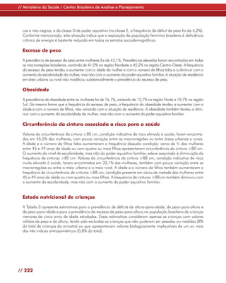 // Ministério da Saúde / Centro Brasileiro de Análise e Planejamento




  cas e não-negras, e da classe D de poder aquisitivo (na classe E, a frequência de déficit de peso foi de 4,2%).
  Conforme mencionado, esta situação indica que a exposição da população feminina brasileira à deficiência
  crônica de energia é bastante reduzida em todos os estratos sociodemográficos.

  Excesso de peso

  A prevalência de excesso de peso entre mulheres foi de 43,1%. Prevalências elevadas foram encontradas em todas
  as macrorregiões brasileiras, variando de 41,0% na região Nordeste a 45,2% na região Centro-Oeste. A frequência
  do excesso de peso tendeu a aumentar com a idade da mulher e com o número de filhos tidos e a diminuir com o
  aumento da escolaridade da mulher, mas não com o aumento do poder aquisitivo familiar. A situação de residência
  em área urbana ou rural não modificou substancialmente a prevalência do excesso de peso.

  Obesidade

  A prevalência de obesidade entre as mulheres foi de 16,1%, variando de 12,7% na região Norte a 19,7% na região
  Sul. Da mesma forma que a frequência do excesso de peso, a frequência da obesidade tendeu a aumentar com a
  idade e com o número de filhos, não variando com a situação de residência. A obesidade também tendeu a dimi-
  nuir com o aumento da escolaridade da mulher, mas não com o aumento do poder aquisitivo familiar.

  Circunferência da cintura associada a risco para a saúde

  Valores da circunferência da cintura ≥80 cm, condição indicativa de risco elevado à saúde, foram encontra-
  dos em 55,5% das mulheres, com pouca variação entre as macrorregiões ou entre áreas urbanas e rurais.
  A idade e o número de filhos tidos aumentaram a frequência daquela condição: cerca de ¾ das mulheres
  entre 45 e 49 anos de idade ou com quatro ou mais filhos apresentaram circunferência da cintura ≥80 cm.
  O aumento do nível de escolaridade, mas não do poder aquisitivo familiar, esteve associado à diminuição da
  frequência de cinturas ≥80 cm. Valores da circunferência da cintura ≥88 cm, condição indicativa de risco
  muito elevado à saúde, foram encontrados em 32,1% das mulheres, também com pouca variação entre as
  macrorregiões ou entre o meio urbano e o meio rural. A idade e o número de filhos também aumentaram a
  frequência de circunferência de cinturas ≥88 cm, condição presente em cerca de metade das mulheres entre
  45 e 49 anos de idade ou com quatro ou mais filhos. A frequência de cinturas ≥88 cm também diminuiu com
  o aumento da escolaridade, mas não com o aumento do poder aquisitivo familiar.


  Estado nutricional de crianças

  A Tabela 3 apresenta estimativas para a prevalência de déficits de altura-para-idade, de peso-para-altura e
  de peso-para-idade e para a prevalência de excesso de peso-para-altura na população brasileira de crianças
  menores de cinco anos de idade estudadas. Essas estimativas consideram apenas as crianças com valores
  válidos de peso e de altura, tendo sido excluídas as crianças que não puderam ser pesadas ou medidas (8%
  do total de crianças da amostra) ou que apresentavam valores biologicamente implausíveis de um ou mais
  dos três índices antropométricos (0,8% do total).




// 222
 