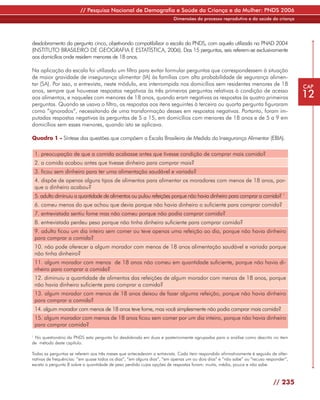 // Pesquisa Nacional de Demografia e Saúde da Criança e da Mulher: PNDS 2006
                                                                        Dimensões do processo reprodutivo e da saúde da criança




desdobramento da pergunta cinco, objetivando compatibilizar a escala da PNDS, com aquela utilizada na PNAD 2004
(INSTITUTO BRASILEIRO DE GEOGRAFIA E ESTATÍSTICA, 2006). Das 15 perguntas, seis referem-se exclusivamente
aos domicílios onde residem menores de 18 anos.

Na aplicação da escala foi utilizado um filtro para evitar formular perguntas que correspondessem à situação
de maior gravidade de insegurança alimentar (IA) às famílias com alta probabilidade de segurança alimen-
tar (SA). Por isso, a entrevista, neste módulo, era interrompida nos domicílios sem residentes menores de 18                          CAP
anos, sempre que houvesse respostas negativas às três primeiras perguntas relativas à condição de acesso
aos alimentos, e naqueles com menores de 18 anos, quando eram negativas as respostas às quatro primeiras                              12
perguntas. Quando se usava o filtro, as respostas aos itens seguintes à terceira ou quarta pergunta figuraram
como “ignorados”, necessitando de uma transformação desses em respostas negativas. Portanto, foram im-
putadas respostas negativas às perguntas de 5 a 15, em domicílios com menores de 18 anos e de 5 a 9 em
domicílios sem esses menores, quando isto se aplicava.

Quadro 1 - Síntese das questões que compõem a Escala Brasileira de Medida da Insegurança Alimentar (EBIA).

    1. preocupação de que a comida acabasse antes que tivesse condição de comprar mais comida?
    2. a comida acabou antes que tivesse dinheiro para comprar mais?
    3. ficou sem dinheiro para ter uma alimentação saudável e variada?
    4. dispõe de apenas alguns tipos de alimentos para alimentar os moradores com menos de 18 anos, por-
    que o dinheiro acabou?
    5. adulto diminuiu a quantidade de alimentos ou pulou refeições porque não havia dinheiro para comprar a comida? 1
    6. comeu menos do que achou que devia porque não havia dinheiro o suficiente para comprar comida?
    7. entrevistada sentiu fome mas não comeu porque não podia comprar comida?
    8. entrevistada perdeu peso porque não tinha dinheiro suficiente para comprar comida?
    9. adulto ficou um dia inteiro sem comer ou teve apenas uma refeição ao dia, porque não havia dinheiro
    para comprar a comida?
    10. não pode oferecer a algum morador com menos de 18 anos alimentação saudável e variada porque
    não tinha dinheiro?
    11. algum morador com menos de 18 anos não comeu em quantidade suficiente, porque não havia di-
    nheiro para comprar a comida?
    12. diminuiu a quantidade de alimentos das refeições de algum morador com menos de 18 anos, porque
    não havia dinheiro suficiente para comprar a comida?
    13. algum morador com menos de 18 anos deixou de fazer alguma refeição, porque não havia dinheiro
    para comprar a comida?
    14. algum morador com menos de 18 anos teve fome, mas você simplesmente não podia comprar mais comida?
    15. algum morador com menos de 18 anos ficou sem comer por um dia inteiro, porque não havia dinheiro
    para comprar comida?
1
 No questionário da PNDS esta pergunta foi desdobrada em duas e posteriormente agrupadas para a análise como descrito no item
de método deste capítulo.

Todas as perguntas se referem aos três meses que antecederam a entrevista. Cada item respondido afirmativamente é seguido de alter-
nativas de frequências: “em quase todos os dias”, “em alguns dias”, “em apenas um ou dois dias” e “não sabe” ou “recusa responder”,
exceto a pergunta 8 sobre a quantidade de peso perdido cujas opções de respostas foram: muita, média, pouca e não sabe.



                                                                                                                           // 235
 