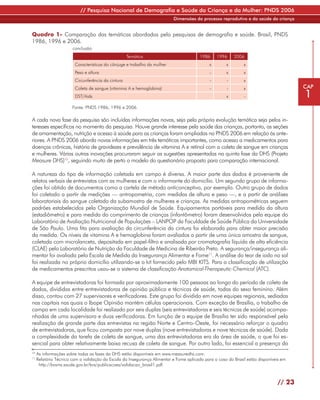 // Pesquisa Nacional de Demografia e Saúde da Criança e da Mulher: PNDS 2006
                                                                          Dimensões do processo reprodutivo e da saúde da criança


Quadro 1- Comparação das temáticas abordadas pela pesquisas de demografia e saúde. Brasil, PNDS
1986, 1996 e 2006.
                       conclusão
                                                    Temática                            1986     1996    2006
                        Características do cônjuge e trabalho da mulher                      x       x        x
                        Peso e altura                                                        -       x        x
                        Circunferência da cintura                                            -       -        x
                        Coleta de sangue (vitamina A e hemoglobina)                          -       -        x                        CAP
                        DST/Aids                                                                     x        -                        1
                       Fonte: PNDS 1986, 1996 e 2006.

A cada nova fase da pesquisa são incluídas informações novas, seja pela própria evolução temática seja pelos in-
teresses específicos no momento da pesquisa. Houve grande interesse pela saúde das crianças, portanto, as seções
de amamentação, nutrição e acesso à saúde para as crianças foram ampliadas na PNDS 2006 em relação às ante-
riores. A PNDS 2006 aborda novas informações em três temáticas importantes, como acesso a medicamentos para
doenças crônicas, história de gravidezes e prevalência de vitamina A e retinol com a coleta de sangue em crianças
e mulheres. Várias outras inovações procuraram seguir as sugestões apresentadas na quinta fase da DHS (Projeto
Measure DHS)10, seguindo muito de perto o modelo do questionário proposto para comparação internacional.

A natureza do tipo de informação coletada em campo é diversa. A maior parte dos dados é proveniente de
relatos verbais de entrevistas com as mulheres e com o informante do domicílio. Um segundo grupo de informa-
ções foi obtido de documentos como a cartela de método anticonceptivo, por exemplo. Outro grupo de dados
foi coletado a partir de medições — antropometria, com medidas de altura e peso —, e a partir de análises
laboratoriais do sangue coletado da subamostra de mulheres e crianças. As medidas antropométricas seguem
padrões estabelecidos pela Organização Mundial de Saúde. Equipamentos portáveis para medida da altura
(estadiômetro) e para medida do comprimento de crianças (infantômetro) foram desenvolvidos pela equipe do
Laboratório de Avaliação Nutricional de Populações – LANPOP da Faculdade de Saúde Pública da Universidade
de São Paulo. Uma fita para avaliação da circunferência da cintura foi elaborada para obter maior precisão
da medida. Os níveis de vitamina A e hemoglobina foram avaliados a partir de uma única amostra de sangue,
coletada com microlanceta, depositada em papel-filtro e analisada por cromatografia líquida de alta eficiência
(CLAE) pelo Laboratório de Nutrição da Faculdade de Medicina de Ribeirão Preto. A segurança/insegurança ali-
mentar foi avaliada pela Escala de Medida da Insegurança Alimentar e Fome11. A análise do teor de iodo no sal
foi realizada no próprio domicílio utilizando-se o kit fornecido pelo MBI KITS. Para a classificação de utilização
de medicamentos prescritos usou-se o sistema de classificação Anatomical-Therapeutic-Chemical (ATC).

A equipe de entrevistadoras foi formada por aproximadamente 100 pessoas ao longo do período de coleta de
dados, divididas entre entrevistadoras de opinião pública e técnicas de saúde, todas do sexo feminino. Além
disso, contou com 27 supervisores e verificadores. Este grupo foi dividido em nove equipes regionais, sediadas
nas capitais nas quais o Ibope Opinião mantém células operacionais. Com exceção de Brasília, o trabalho de
campo em cada localidade foi realizado por seis duplas (seis entrevistadoras e seis técnicas de saúde) acompa-
nhadas de uma supervisora e duas verificadoras. Em função de a equipe de Brasília ter sido responsável pela
realização de grande parte das entrevistas na região Norte e Centro-Oeste, foi necessário reforçar o quadro
de entrevistadoras, que ficou composta por nove duplas (nove entrevistadoras e nove técnicas de saúde). Dada
a complexidade da tarefa de coleta de sangue, uma das entrevistadoras era da área de saúde, o que foi es-
sencial para obter relativamente baixa recusa de coleta de sangue. Por outro lado, foi essencial a presença da
10
     As informações sobre todas as fases da DHS estão disponíveis em www.measuredhs.com.
11
     Relatório Técnico com a validação da Escala da Insegurança Alimentar e Fome aplicada para o caso do Brasil estão disponíveis em
      http://bvsms.saude.gov.br/bvs/publicacoes/validacao_brasil1.pdf.



                                                                                                                               // 23
 