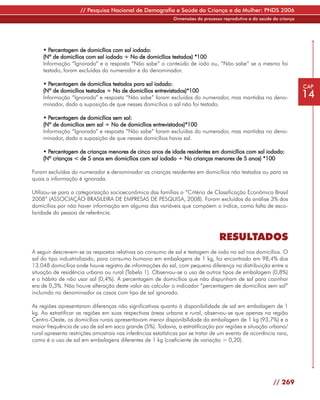 // Pesquisa Nacional de Demografia e Saúde da Criança e da Mulher: PNDS 2006
                                                             Dimensões do processo reprodutivo e da saúde da criança




    • Percentagem de domicílios com sal iodado:
    (Nº de domicílios com sal iodado ÷ No de domicílios testados) *100
    Informação “Ignorada” e a resposta “Não sabe” o conteúdo de iodo ou, “Não sabe” se o mesmo foi
    testado, foram excluídas do numerador e do denominador.

    • Percentagem de domicílios testados para sal iodado:                                                              CAP
    (Nº de domicílios testados ÷ No de domicílios entrevistados)*100
    Informação “Ignorada” e resposta “Não sabe” foram excluídas do numerador, mas mantidas no deno-                    14
    minador, dada a suposição de que nesses domicílios o sal não foi testado.

    • Percentagem de domicílios sem sal:
    (Nº de domicílios sem sal ÷ No de domicílios entrevistados)*100
    Informação “Ignorada” e resposta “Não sabe” foram excluídas do numerador, mas mantidas no deno-
    minador, dada a suposição de que nesses domicílios havia sal.

    • Percentagem de crianças menores de cinco anos de idade residentes em domicílios com sal iodado:
    (Nº crianças < de 5 anos em domicílios com sal iodado ÷ No crianças menores de 5 anos) *100

Foram excluídas do numerador e denominador as crianças residentes em domicílios não testados ou para os
quais a informação é ignorada.

Utilizou-se para a categorização socioeconômica das famílias o “Critério de Classificação Econômica Brasil
2008” (ASSOCIAÇÃO BRASILEIRA DE EMPRESAS DE PESQUISA, 2008). Foram excluídos da análise 3% dos
domicílios por não haver informação em alguma das variáveis que compõem o índice, como falta de esco-
laridade da pessoa de referência.



                                                                                 RESULTADOS
A seguir descrevem-se as respostas relativas ao consumo de sal e testagem de iodo no sal nos domicílios. O
sal do tipo industrializado, para consumo humano em embalagens de 1 kg, foi encontrado em 98,4% dos
13.048 domicílios onde houve registro de informações do sal, com pequena diferença na distribuição entre a
situação de residência urbana ou rural (Tabela 1). Observou-se o uso de outros tipos de embalagem (0,8%)
e o hábito de não usar sal (0,4%). A percentagem de domicílios que não dispunham de sal para cozinhar
era de 0,3%. Não houve alteração deste valor ao calcular o indicador “percentagem de domicílios sem sal”
incluindo no denominador os casos com tipo de sal ignorado.

As regiões apresentaram diferenças não significativas quanto à disponibilidade de sal em embalagem de 1
kg. Ao estratificar as regiões em suas respectivas áreas urbana e rural, observou-se que apenas na região
Centro-Oeste, os domicílios rurais apresentavam menor disponibilidade da embalagem de 1 kg (93,7%) e a
maior frequência de uso de sal em saco grande (5%). Todavia, a estratificação por regiões e situação urbana/
rural apresenta restrições amostrais nas inferências estatísticas por se tratar de um evento de ocorrência rara,
como é o uso de sal em embalagens diferentes de 1 kg (coeficiente de variação > 0,20).




                                                                                                          // 269
 