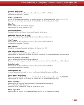 // Pesquisa Nacional de Demografia e Saúde da Criança e da Mulher: PNDS 2006
                                                               Dimensões do processo reprodutivo e da saúde da criança




Ana Maria Segall-Corrêa
Departamento de Medicina Preventiva e Social. Faculdade de Ciências Médicas
Universidade Estadual de Campinas

Carlos Augusto Monteiro
Núcleo de Pesquisas Epidemiológicas em Nutrição e Saúde da Universidade de São Paulo – NUPENS/USP
Departamento de Nutrição da Faculdade de Saúde Pública da Universidade de São Paulo

Edson Perini
Centro de Estudos do Medicamento (Cemed)
Departamento de Farmácia Social (UFMG)

Eliana de Melo Barison
Faculdade de Ciências Médicas. Universidade Estadual de Campinas

Estela María García de Pinto da Cunha
Núcleo de Estudos de População (NEPO) Universidade Estadual de Campinas

Giseli Panigassi
Departamento de Medicina Preventiva e Social. Faculdade de Ciências Médicas
Universidade Estadual de Campinas

Hélio Vannucchi
Divisão de Nutrologia, Faculdade de Medicina de Ribeirão Preto USP

Ignez Helena Oliva Perpétuo
Centro de Desenvolvimento e Planejamento Regional
Departamento de Demografia Faculdade de Ciências Econômicas da Universidade Federal de Minas Gerais

Laura Lidia Rodríguez Espinosa Wong
Centro de Desenvolvimento e Planejamento Regional
Departamento de Demografia Faculdade de Ciências Econômicas da Universidade Federal de Minas Gerais

Leticia Marín-León
Departamento de Medicina Preventiva e Social. Faculdade de Ciências Médicas
Universidade Estadual de Campinas

Liliam Pereira de Lima
Área de População e Sociedade do Centro Brasileiro de Análise e Planejamento (Cebrap)

Maria Helena D’Aquino Benicio
Núcleo de Pesquisas Epidemiológicas em Nutrição e Saúde da Universidade de São Paulo – NUPENS/USP
Departamento de Nutrição da Faculdade de Saúde Pública da Universidade de São Paulo

Marina Ferreira Rea
Departamento de Medicina Preventiva e Social. Faculdade de Ciências Médicas
Universidade Estadual de Campinas
Instituto de Saúde. Secretaria de Estado da Saúde de São Paulo

Márcia Regina Vítolo
Departamento de Nutrição da Universidade Federal de Ciências da Saúde de Porto Alegre




                                                                                                            // 297
 