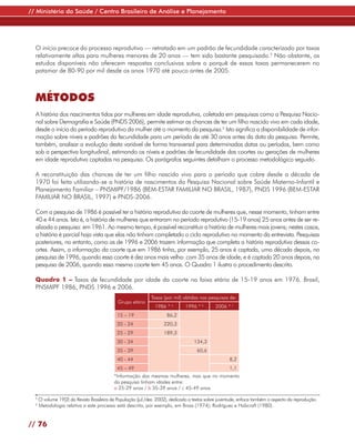// Ministério da Saúde / Centro Brasileiro de Análise e Planejamento




  O início precoce do processo reprodutivo — retratado em um padrão de fecundidade caracterizado por taxas
  relativamente altas para mulheres menores de 20 anos — tem sido bastante pesquisado.5 Não obstante, os
  estudos disponíveis não oferecem respostas conclusivas sobre o porquê de essas taxas permanecerem no
  patamar de 80-90 por mil desde os anos 1970 até pouco antes de 2005.



  MÉTODOS
  A história dos nascimentos tidos por mulheres em idade reprodutiva, coletada em pesquisas como a Pesquisa Nacio-
  nal sobre Demografia e Saúde (PNDS 2006), permite estimar as chances de ter um filho nascido vivo em cada idade,
  desde o início do período reprodutivo da mulher até o momento da pesquisa.6 Isto significa a disponibilidade de infor-
  mação sobre níveis e padrões da fecundidade para um período de até 30 anos antes da data da pesquisa. Permite,
  também, analisar a evolução desta variável de forma transversal para determinadas datas ou períodos, bem como
  sob a perspectiva longitudinal, estimando os níveis e padrões de fecundidade das coortes ou gerações de mulheres
  em idade reprodutiva captadas na pesquisa. Os parágrafos seguintes detalham o processo metodológico seguido.

  A reconstituição das chances de ter um filho nascido vivo para o período que cobre desde a década de
  1970 foi feita utilizando-se a história de nascimentos da Pesquisa Nacional sobre Saúde Materno-Infantil e
  Planejamento Familiar – PNSMIPF/1986 (BEM-ESTAR FAMILIAR NO BRASIL, 1987), PNDS 1996 (BEM-ESTAR
  FAMILIAR NO BRASIL, 1997) e PNDS-2006.

  Com a pesquisa de 1986 é possível ter a história reprodutiva da coorte de mulheres que, nesse momento, tinham entre
  40 e 44 anos. Isto é, a história de mulheres que entraram no período reprodutivo (15-19 anos) 25 anos antes de ser re-
  alizada a pesquisa: em 1961. Ao mesmo tempo, é possível reconstituir a história de mulheres mais jovens; nestes casos,
  a história é parcial haja vista que elas não tinham completado o ciclo reprodutivo no momento da entrevista. Pesquisas
  posteriores, no entanto, como as de 1996 e 2006 trazem informação que completa a história reprodutiva dessas co-
  ortes. Assim, a informação da coorte que em 1986 tinha, por exemplo, 25 anos é captada, uma década depois, na
  pesquisa de 1996, quando essa coorte é dez anos mais velha: com 35 anos de idade; e é captada 20 anos depois, na
  pesquisa de 2006, quando essa mesma coorte tem 45 anos. O Quadro 1 ilustra o procedimento descrito.

  Quadro 1 – Taxas de fecundidade por idade da coorte na faixa etária de 15-19 anos em 1976. Brasil,
  PNSMIPF 1986, PNDS 1996 e 2006.
                                                               Taxas (por mil) obtidas nas pesquisas de:
                                              Grupo etário
                                                                1986 * a        1996 * b       2006 * c
                                             15 – 19                  86,2
                                             20 - 24                 220,3
                                             25 - 29                 189,3
                                             30 - 34                                134,3
                                             35 - 39                                  60,6
                                             40 - 44                                                  8,2
                                             45 – 49                                                  1,1
                                            *Informação das mesmas mulheres, mas que no momento
                                            da pesquisa tinham idades entre:
                                            a 25-29 anos / b 35-39 anos / c 45-49 anos
  5
      O volume 19(2) da Revista Brasileira de População (jul./dez. 2002), dedicado a textos sobre juventude, enfoca também o aspecto da reprodução.
  6
      Metodologia relativa a este processo está descrita, por exemplo, em Brass (1974); Rodríguez e Hobcraft (1980).


// 76
 