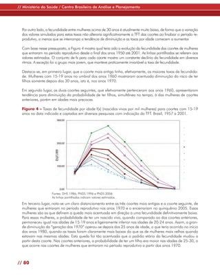 // Ministério da Saúde / Centro Brasileiro de Análise e Planejamento




  Por outro lado, a fecundidade entre mulheres acima de 30 anos é atualmente muito baixa, de forma que a variação
  dos valores simulados para estas taxas não alteraria significativamente a TFT das coortes ao finalizar o período re-
  produtivo, a menos que se interrompa a tendência de diminuição e as taxas por idade comecem a aumentar.

  Com base nesse pressuposto, a Figura 4 mostra qual teria sido a evolução da fecundidade das coortes de mulheres
  que entraram no período reprodutivo desde o final dos anos 1950 até 2001. As linhas pontilhadas se referem aos
  valores estimados. O conjunto de fx para cada coorte mostra um constante declínio da fecundidade em diversos
  ritmos. A exceção foi o grupo mais jovem, que manteve praticamente invariável a taxa de fecundidade.

  Destaca-se, em primeiro lugar, que a coorte mais antiga tinha, efetivamente, as maiores taxas de fecundida-
  de. Mulheres com 15-19 anos no umbral dos anos 1960 mostraram acentuada diminuição do risco de ter
  filhos somente depois dos 30 anos, isto é, nos anos 1970.

  Em segundo lugar, as duas coortes seguintes, que efetivamente pertenceram aos anos 1960, apresentaram
  tendência para diminuição da probabilidade de ter filhos, simultânea no tempo, à das mulheres de coortes
  anteriores, porém em idades mais precoces.

  Figura 4 – Taxas de fecundidade por idade f(x) (nascidos vivos por mil mulheres) para coortes com 15-19
  anos na data indicada e captadas em diversas pesquisas com indicação da TFT. Brasil, 1957 a 2001.




                     Fontes: DHS 1986; PNDS 1996 e PNDS 2006
                     As linhas pontilhadas indicam valores estimados.

  Em terceiro lugar, nota-se um claro distanciamento entre as três coortes mais antigas e a coorte seguinte, de
  mulheres que entraram no período reprodutivo nos anos 1970 e o encerrariam no quinquênio 2005. Essas
  mulheres são as que definem a queda mais acentuada em direção a uma fecundidade definitivamente baixa.
  Para essas mulheres, a probabilidade de ter um nascido vivo, quando comparado ao das coortes anteriores,
  permaneceu igual nas idades de 15-19 anos e ligeiramente inferior nas idades de 20-24 anos. Assim, a gran-
  de diminuição da “geração dos 1970” operou-se depois dos 25 anos de idade, o que teria ocorrido no início
  dos anos 1980, quando as taxas foram claramente mais baixas do que as de mulheres mais velhas quando
  estavam nas mesmas idades. Esta queda foi tão acentuada que o padrão etário da fecundidade mudou a
  partir desta coorte. Nas coortes anteriores, a probabilidade de ter um filho era maior nas idades de 25-30, o
  que ocorre nas coortes de mulheres que entraram no período reprodutivo a partir dos anos 1970.



// 80
 
