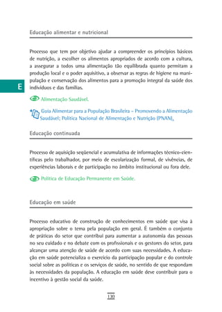 a    educação alimentar e nutricional

  B
      Processo que tem por objetivo ajudar a compreender os princípios básicos
  C   de nutrição, a escolher os alimentos apropriados de acordo com a cultura,
      a assegurar a todos uma alimentação tão equilibrada quanto permitam a
  d   produção local e o poder aquisitivo, a observar as regras de higiene na mani-
      pulação e conservação dos alimentos para a promoção integral da saúde dos
  e   indivíduos e das famílias.

  F        Alimentação Saudável.

          Guia Alimentar para a População Brasileira – Promovendo a Alimentação
 G        Saudável; Política Nacional de Alimentação e Nutrição (PNAN).

 H    educação continuada
  i
      Processo de aquisição seqüencial e acumulativa de informações técnico-cien-
  L   tíficas pelo trabalhador, por meio de escolarização formal, de vivências, de
      experiências laborais e de participação no âmbito institucional ou fora dele.
 M
           Política de Educação Permanente em Saúde.
n-o
  P   educação em saúde

 Q
      Processo educativo de construção de conhecimentos em saúde que visa à
  r   apropriação sobre o tema pela população em geral. É também o conjunto
      de práticas do setor que contribui para aumentar a autonomia das pessoas
  s   no seu cuidado e no debate com os profissionais e os gestores do setor, para
      alcançar uma atenção de saúde de acordo com suas necessidades. A educa-
  t   ção em saúde potencializa o exercício da participação popular e do controle
      social sobre as políticas e os serviços de saúde, no sentido de que respondam
 U    às necessidades da população. A educação em saúde deve contribuir para o
      incentivo à gestão social da saúde.
V-Z
                                          130
 
