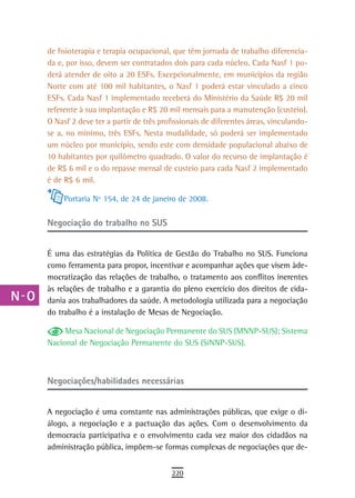 a    de fisioterapia e terapia ocupacional, que têm jornada de trabalho diferencia-
      da e, por isso, devem ser contratados dois para cada núcleo. Cada Nasf 1 po-
  B   derá atender de oito a 20 ESFs. Excepcionalmente, em municípios da região
      Norte com até 100 mil habitantes, o Nasf 1 poderá estar vinculado a cinco
  C   ESFs. Cada Nasf 1 implementado receberá do Ministério da Saúde R$ 20 mil
      referente à sua implantação e R$ 20 mil mensais para a manutenção (custeio).
  d   O Nasf 2 deve ter a partir de três profissionais de diferentes áreas, vinculando-
      se a, no mínimo, três ESFs. Nesta modalidade, só poderá ser implementado
  e   um núcleo por município, sendo este com densidade populacional abaixo de
      10 habitantes por quilômetro quadrado. O valor do recurso de implantação é
  F   de R$ 6 mil e o do repasse mensal de custeio para cada Nasf 2 implementado

 G    é de R$ 6 mil.

           Portaria Nº 154, de 24 de janeiro de 2008.
 H
      negociação do trabalho no sUs
  i
  L   É uma das estratégias da Política de Gestão do Trabalho no SUS. Funciona
      como ferramenta para propor, incentivar e acompanhar ações que visem àde-
 M    mocratização das relações de trabalho, o tratamento aos conflitos inerentes
      às relações de trabalho e a garantia do pleno exercício dos direitos de cida-
n-o   dania aos trabalhadores da saúde. A metodologia utilizada para a negociação
      do trabalho é a instalação de Mesas de Negociação.
  P
           Mesa Nacional de Negociação Permanente do SUS (MNNP-SUS); Sistema
 Q    Nacional de Negociação Permanente do SUS (SiNNP-SUS).

  r
      Negociações/habilidades necessárias
  s
  t   A negociação é uma constante nas administrações públicas, que exige o di-
      álogo, a negociação e a pactuação das ações. Com o desenvolvimento da
 U    democracia participativa e o envolvimento cada vez maior dos cidadãos na
      administração pública, impõem-se formas complexas de negociações que de-
V-Z
                                            220
 