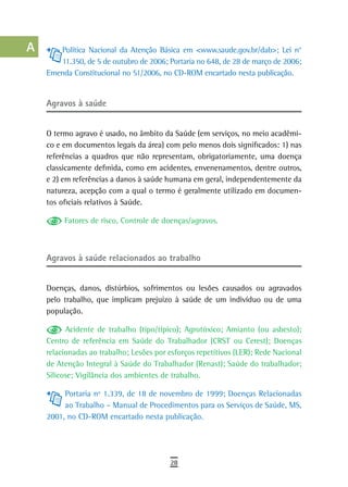 a       Política Nacional da Atenção Básica em <www.saude.gov.br/dab>; Lei n°
         11.350, de 5 de outubro de 2006; Portaria no 648, de 28 de março de 2006;
  B   Emenda Constitucional no 51/2006, no CD-ROM encartado nesta publicação.

  C
      agravos à saúde
  d
  e   O termo agravo é usado, no âmbito da Saúde (em serviços, no meio acadêmi-
      co e em documentos legais da área) com pelo menos dois significados: 1) nas
  F   referências a quadros que não representam, obrigatoriamente, uma doença
      classicamente definida, como em acidentes, envenenamentos, dentre outros,
 G    e 2) em referências a danos à saúde humana em geral, independentemente da
      natureza, acepção com a qual o termo é geralmente utilizado em documen-
 H    tos oficiais relativos à Saúde.

  i        Fatores de risco, Controle de doenças/agravos.


  L
      agravos à saúde relacionados ao trabalho
 M
n-o   Doenças, danos, distúrbios, sofrimentos ou lesões causados ou agravados
      pelo trabalho, que implicam prejuízo à saúde de um indivíduo ou de uma
  P   população.

            Acidente de trabalho (tipo/típico); Agrotóxico; Amianto (ou asbesto);
 Q    Centro de referência em Saúde do Trabalhador (CRST ou Cerest); Doenças

  r   relacionadas ao trabalho; Lesões por esforços repetitivos (LER); Rede Nacional
      de Atenção Integral à Saúde do Trabalhador (Renast); Saúde do trabalhador;
  s   Silicose; Vigilância dos ambientes de trabalho.

           Portaria nº 1.339, de 18 de novembro de 1999; Doenças Relacionadas
  t        ao Trabalho – Manual de Procedimentos para os Serviços de Saúde, MS,
      2001, no CD-ROM encartado nesta publicação.
 U
V-Z
                                           28
 